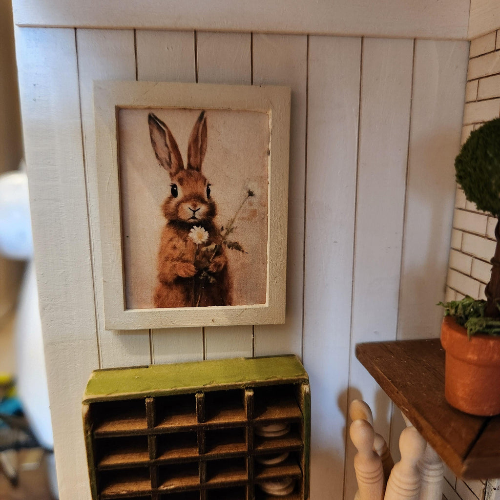 Dollhouse Miniatures sign, BUNNY WITH DAISIES, home decor, miniature sign, dollhouse accents, 1:12 scale, wall decor