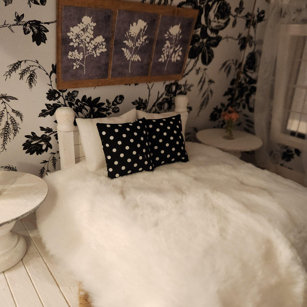 Dollhouse Miniature Pillow, Black and White Polka Dot, Modern Decor, 1:12 Scale