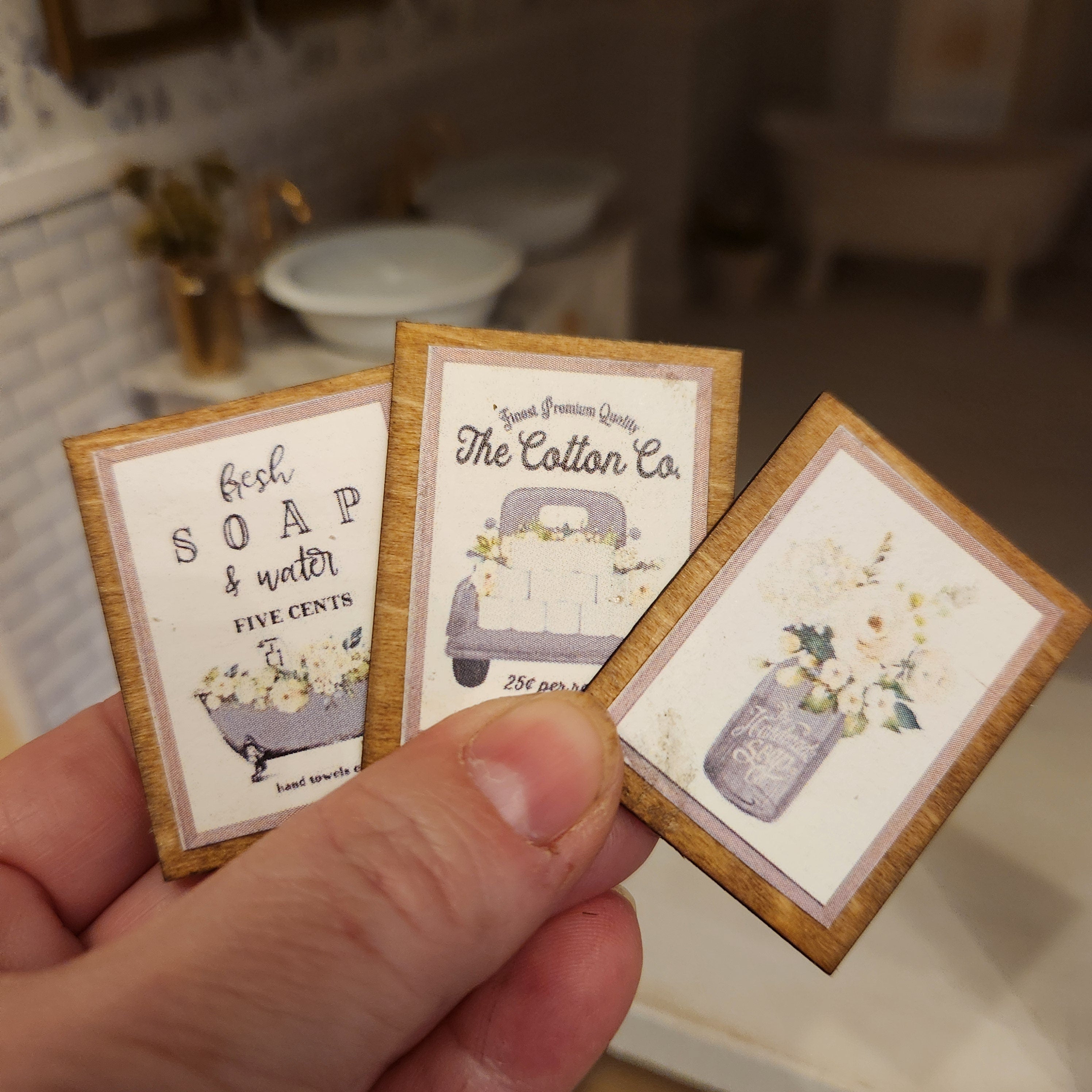 1:12 Scale Miniature Bathroom Sign Set – Trio of Farmhouse Wall Decor