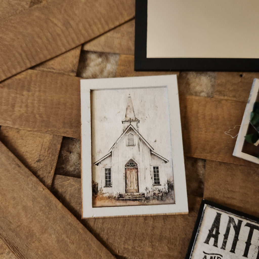 1:12 Scale Miniature "Country Church" Wood Sign – Rustic Framed Art