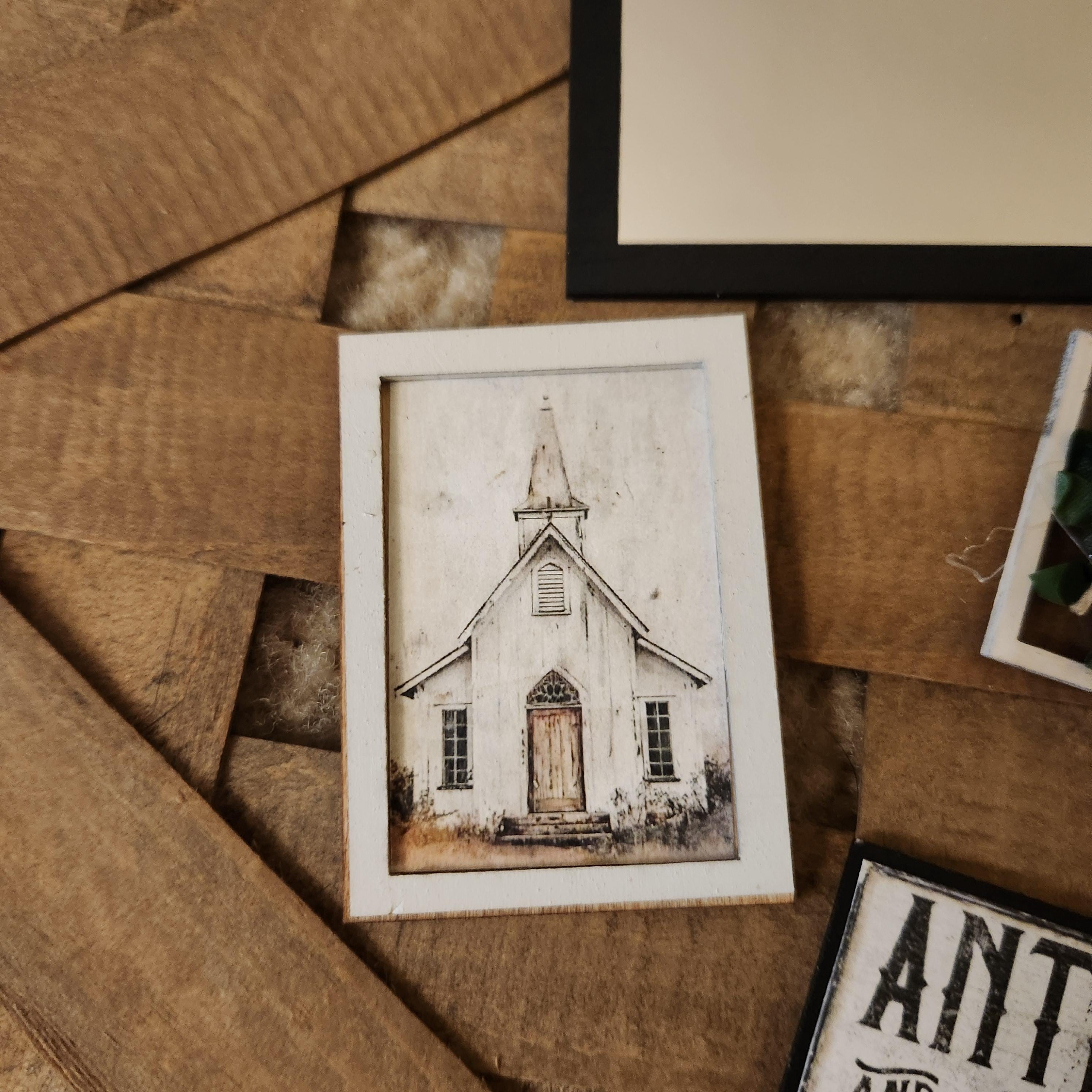 1:12 Scale Miniature "Country Church" Wood Sign – Rustic Framed Art