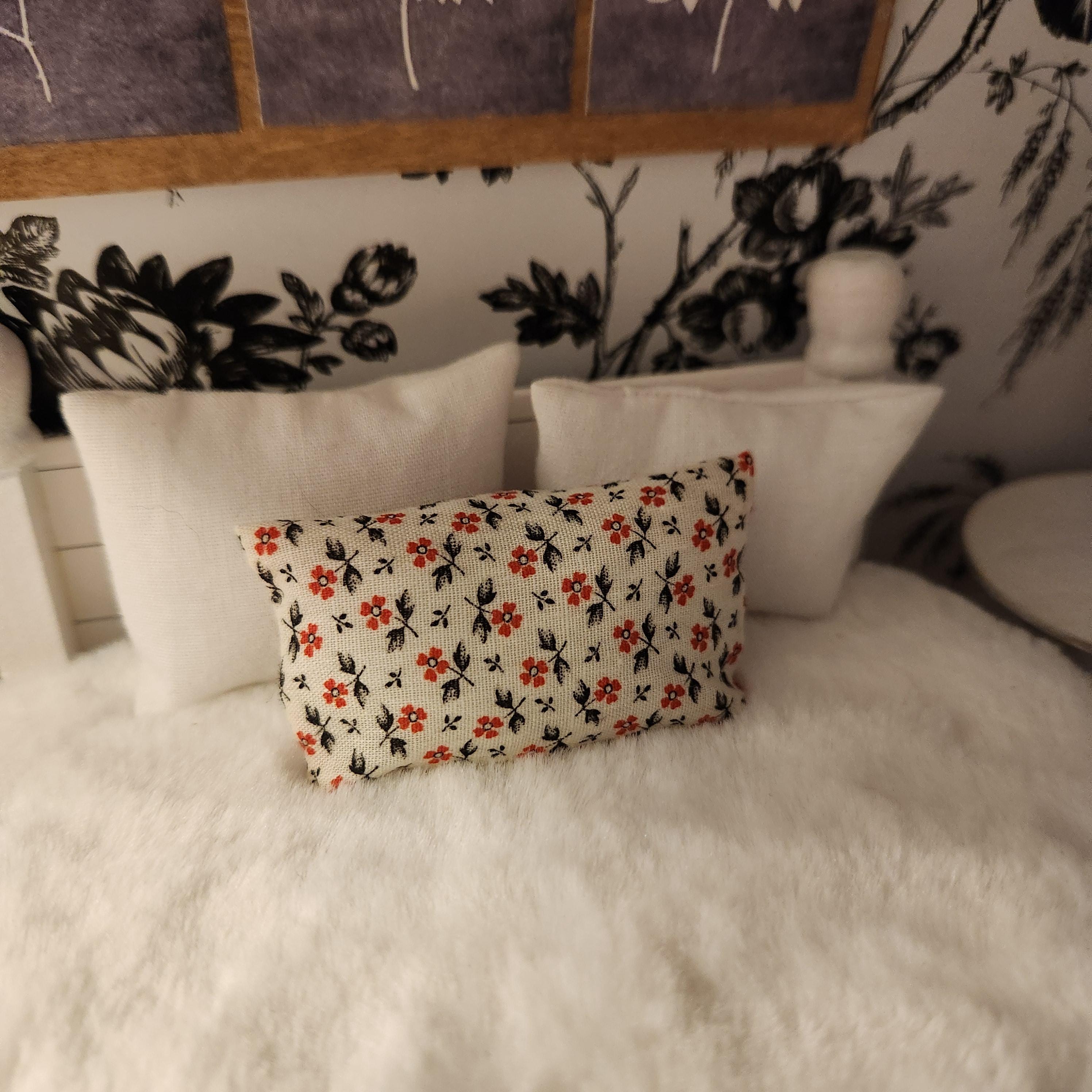 Dollhouse Miniatures Accent Pillow, RED BLACK FLORAL, dollhouse decorations, miniature pillows, 1:12 scale