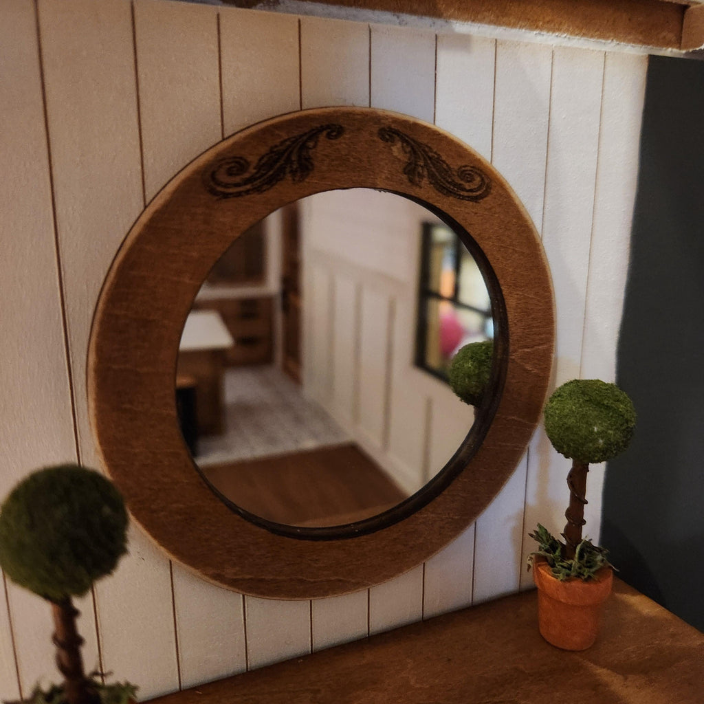 1:12 Scale Miniature Rustic Stained Mirror – Engraved Scroll Wall Decor