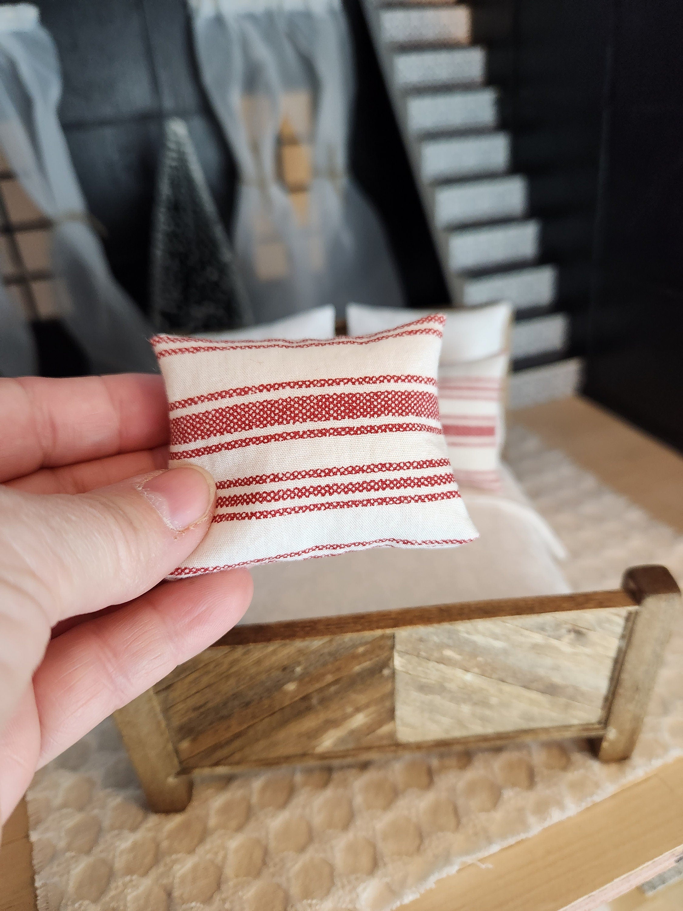 Dollhouse Miniature Accent Pillow, Red Stripe Ticking, 1:12 Scale