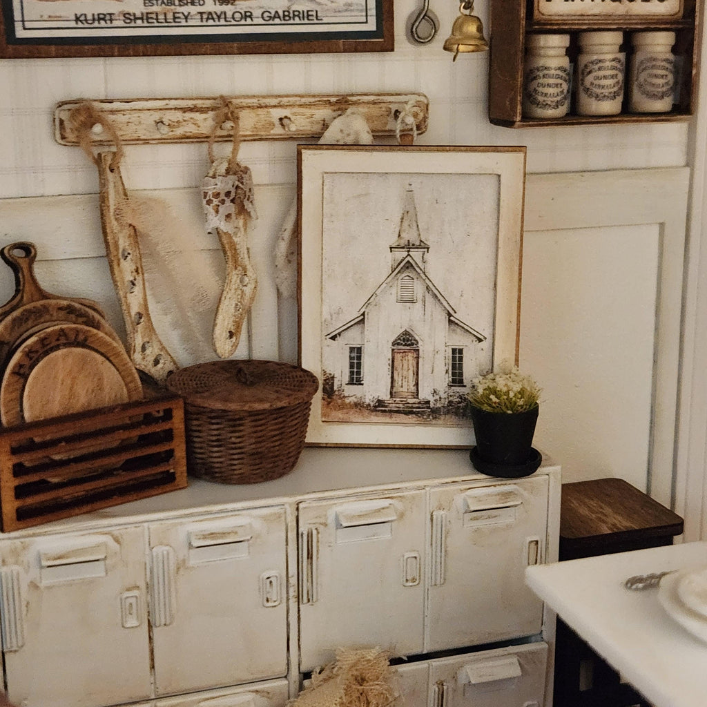 1:12 Scale Miniature "Country Church" Wood Sign – Rustic Framed Art