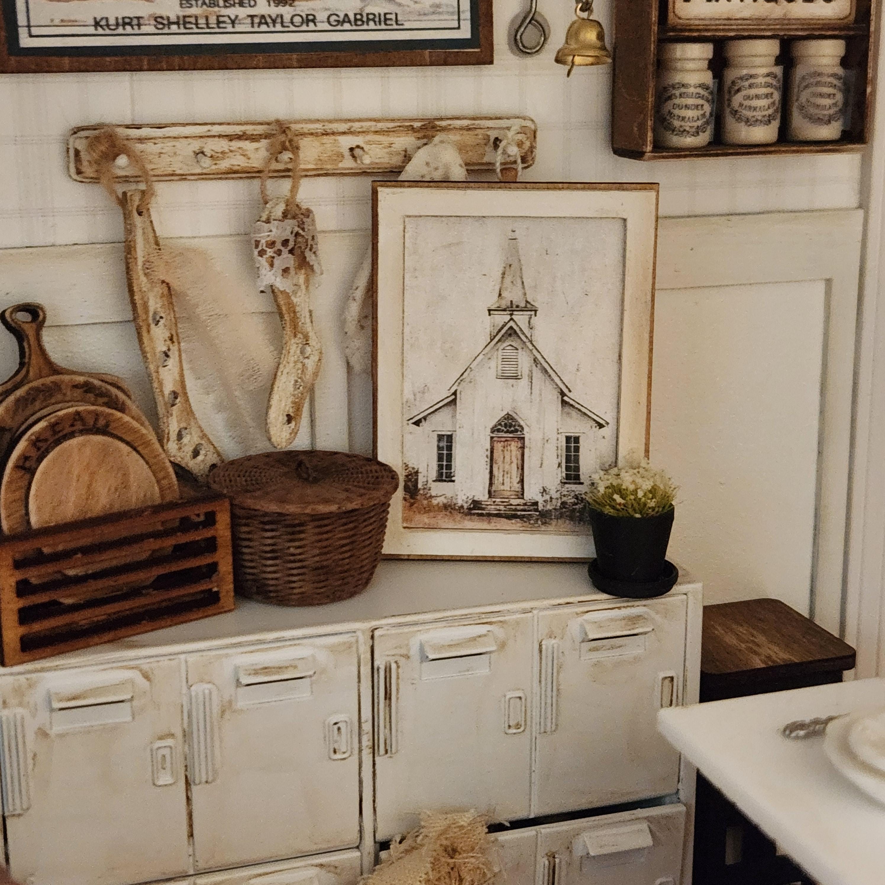 1:12 Scale Miniature "Country Church" Wood Sign – Rustic Framed Art