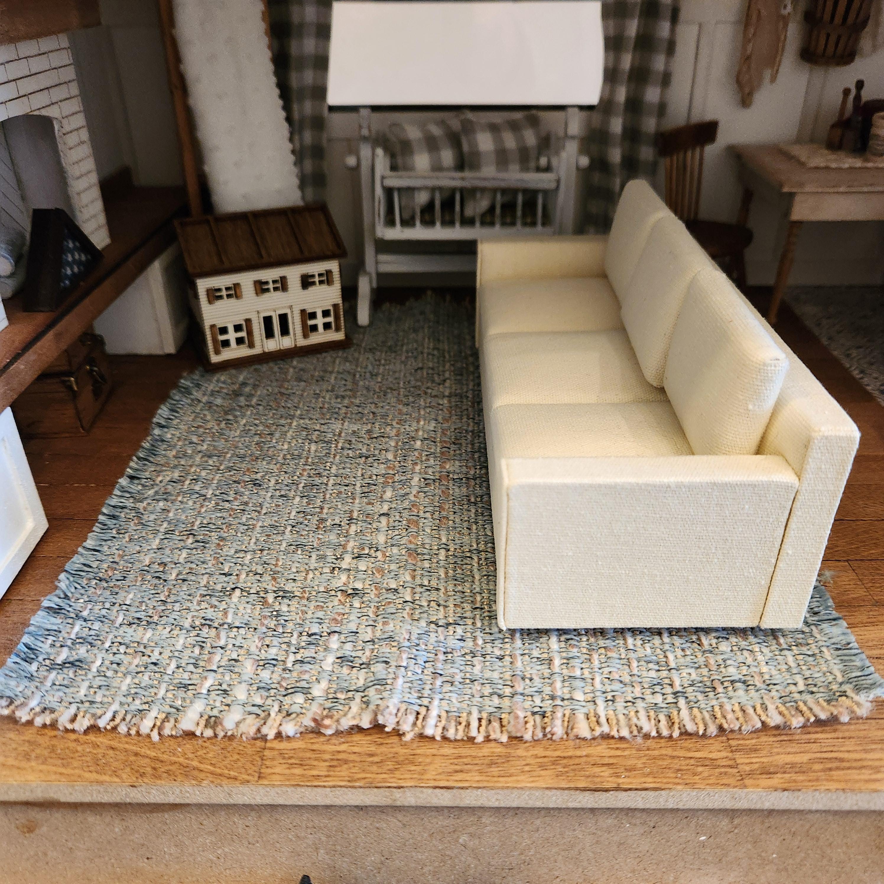 1:12 Scale Miniature Blue Speckled Rug – Farmhouse Area Rug with Fringe