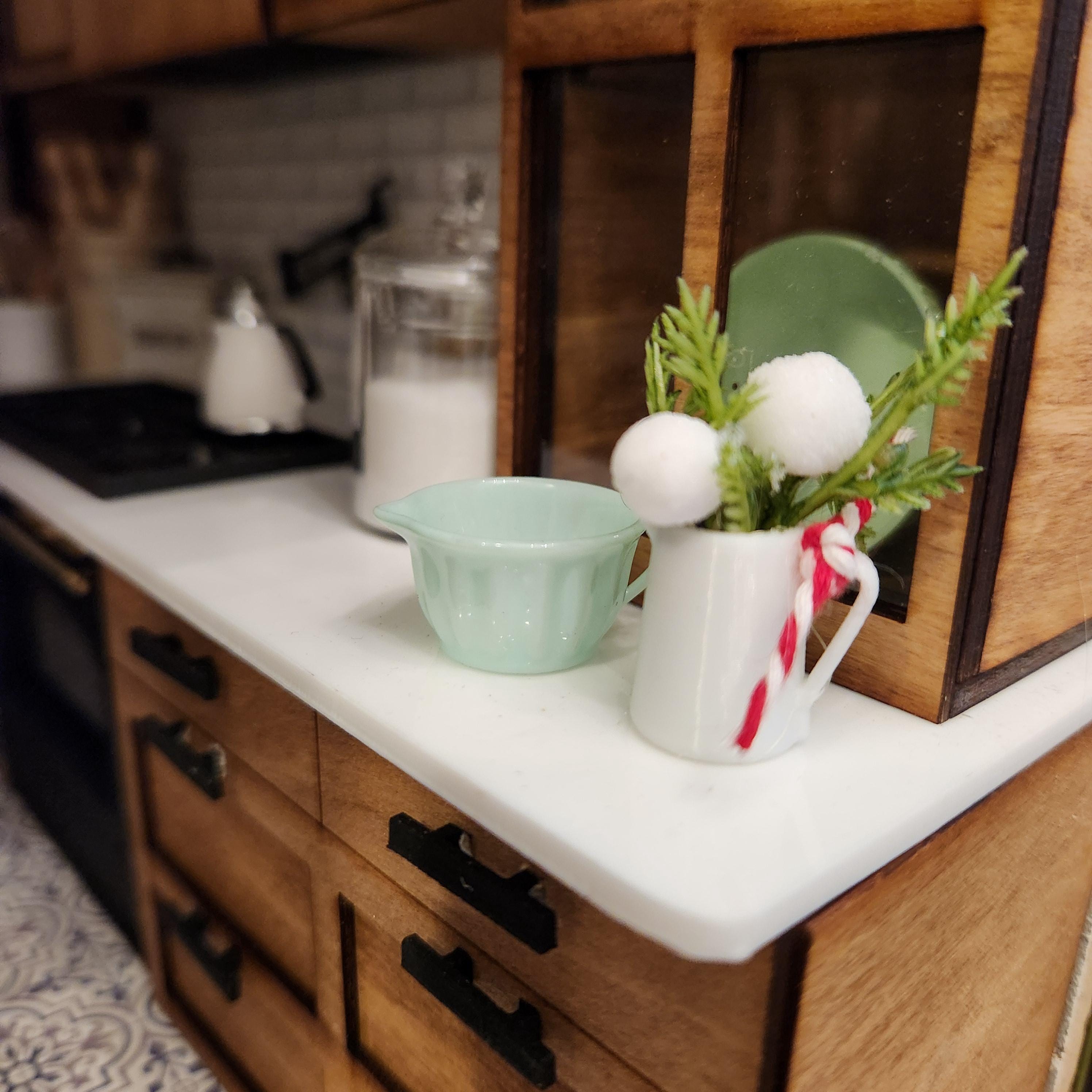 1:12 Scale Miniature White "Ironstone" Holiday Pitcher – Festive Greenery