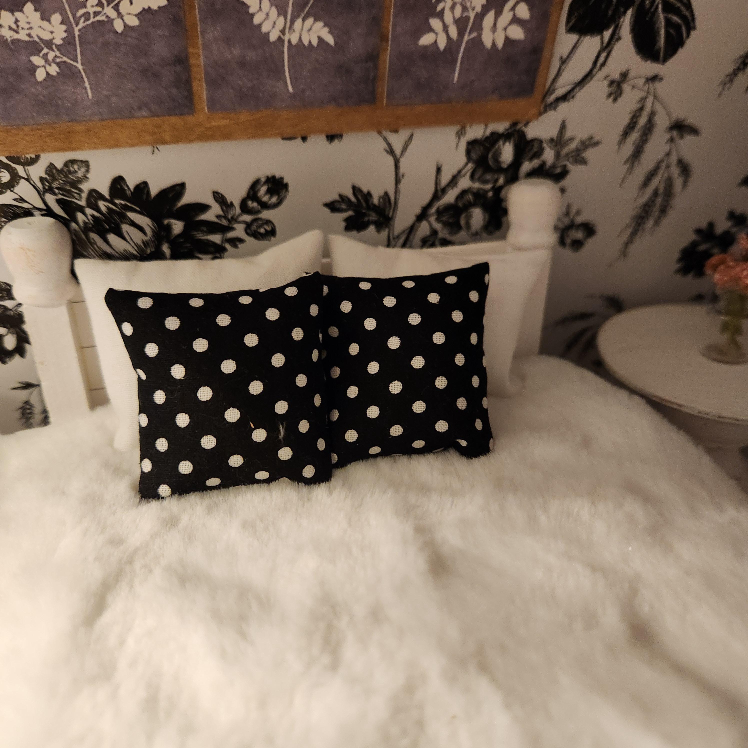 Dollhouse Miniature Pillow, Black and White Polka Dot, Modern Decor, 1:12 Scale