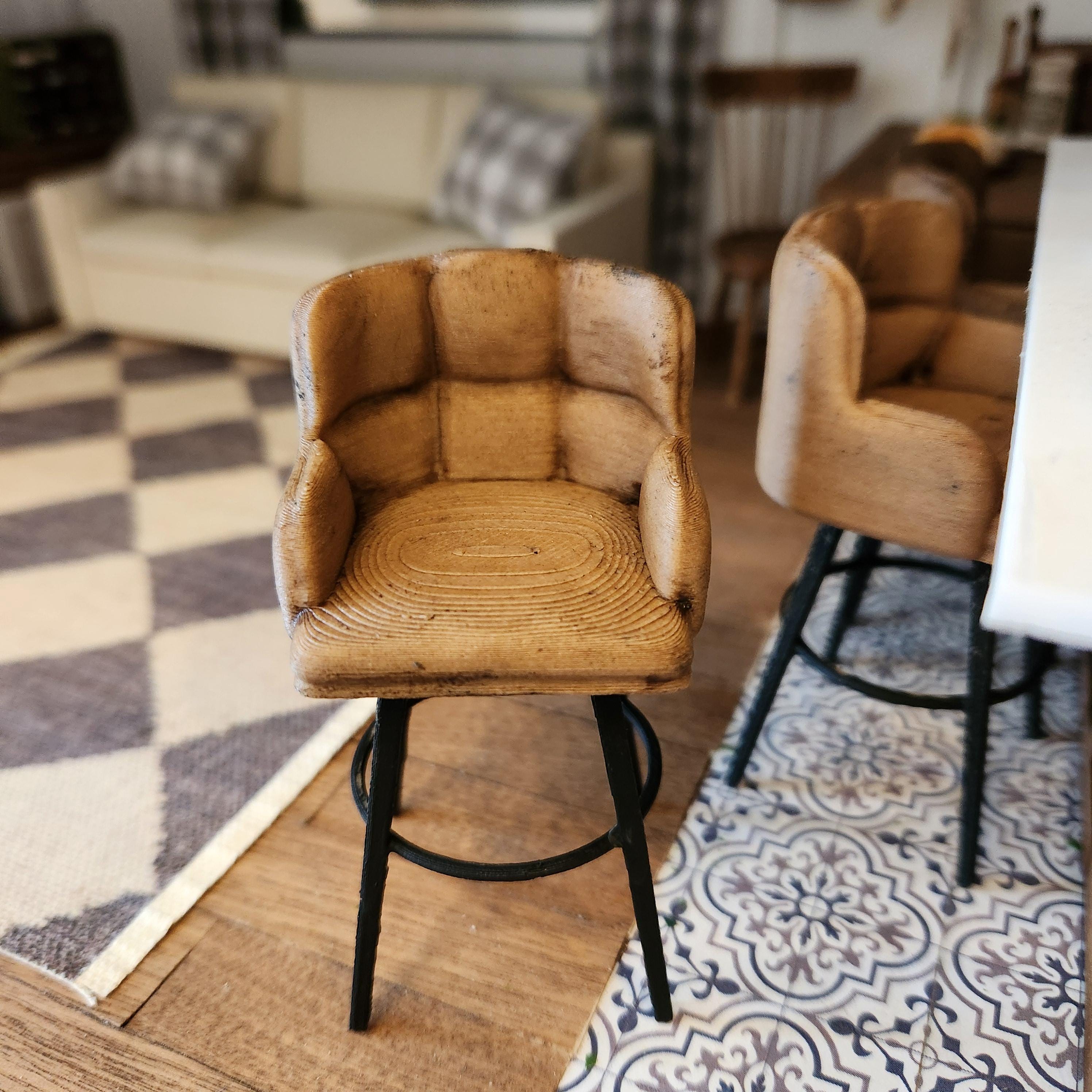 1:12 Scale Dollhouse Bar Stool | 3D Printed, Antiqued Leather-Look