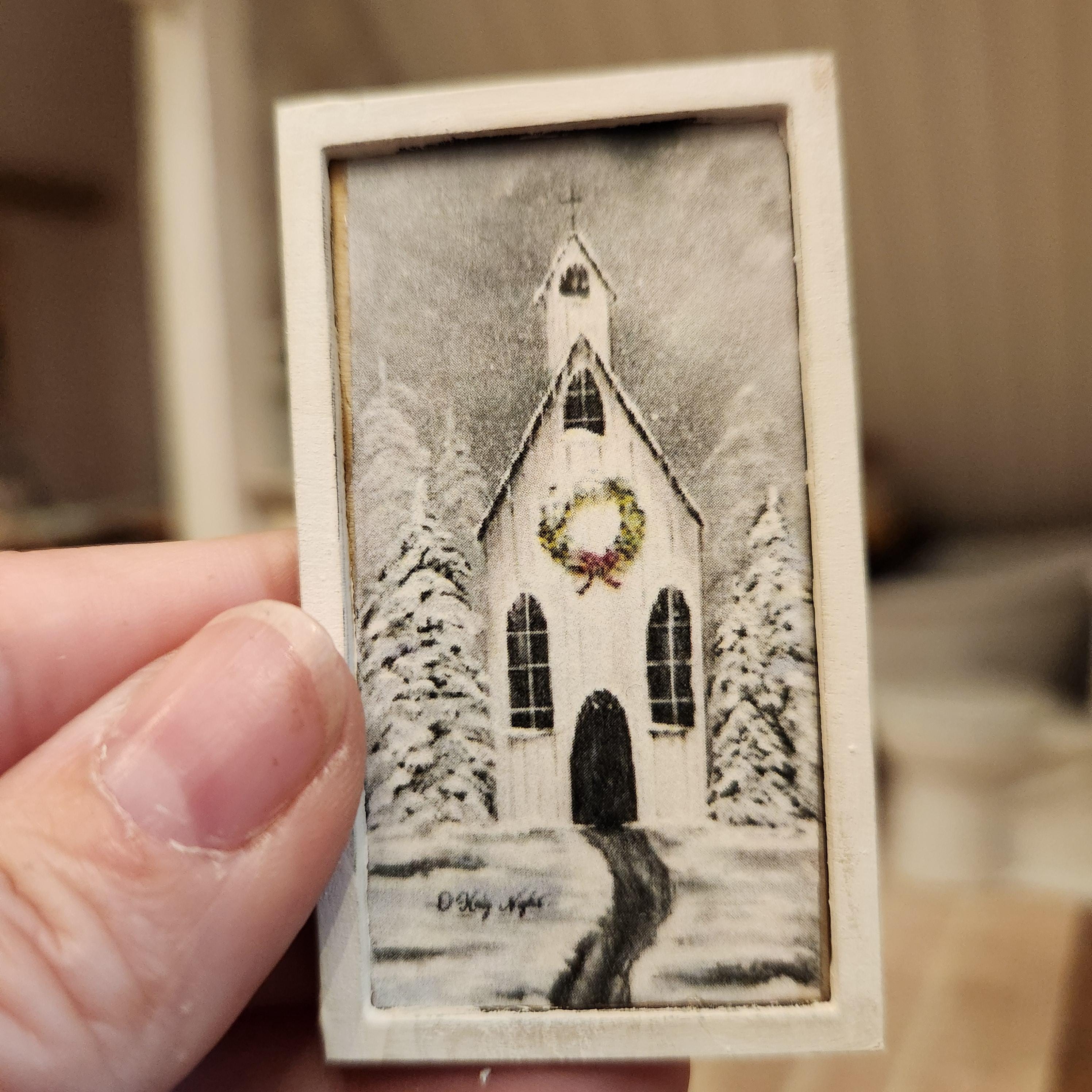 1:12 Scale Miniature "Winter Church" Wood Sign – Holiday Wall Art