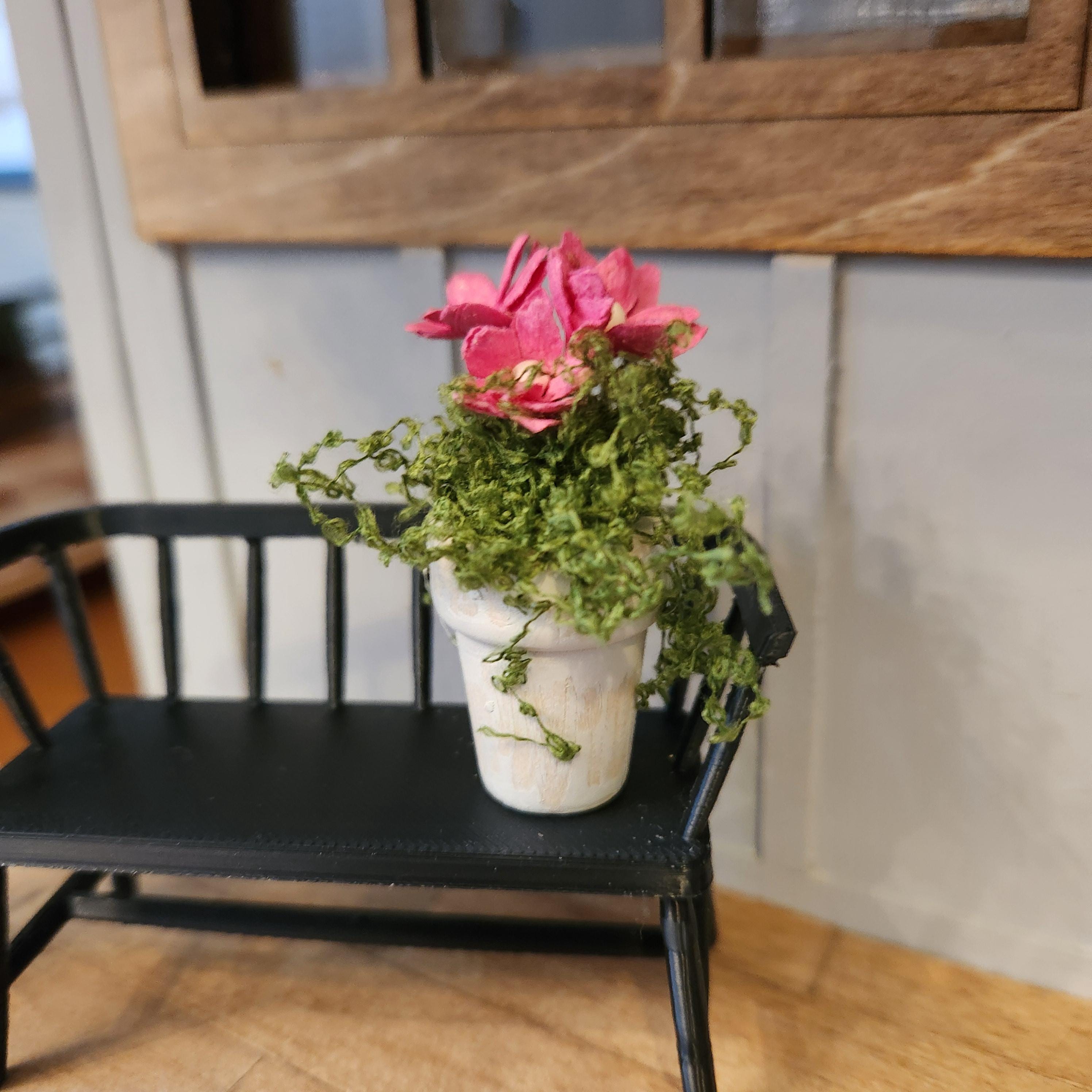 Dollhouse Miniature Potted Flowers | White Wooden Pot, Spring Accent