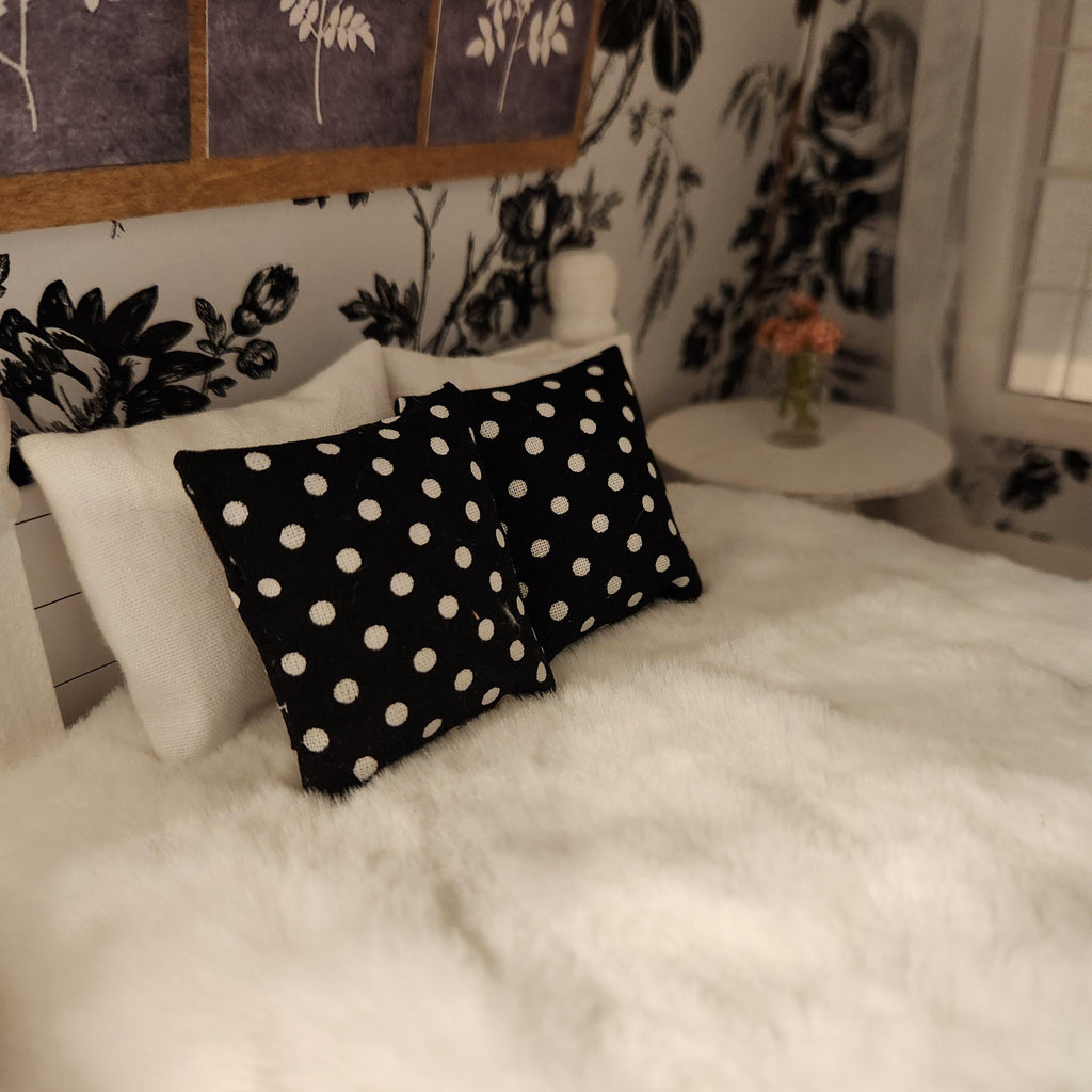 Dollhouse Miniature Pillow, Black and White Polka Dot, Modern Decor, 1:12 Scale