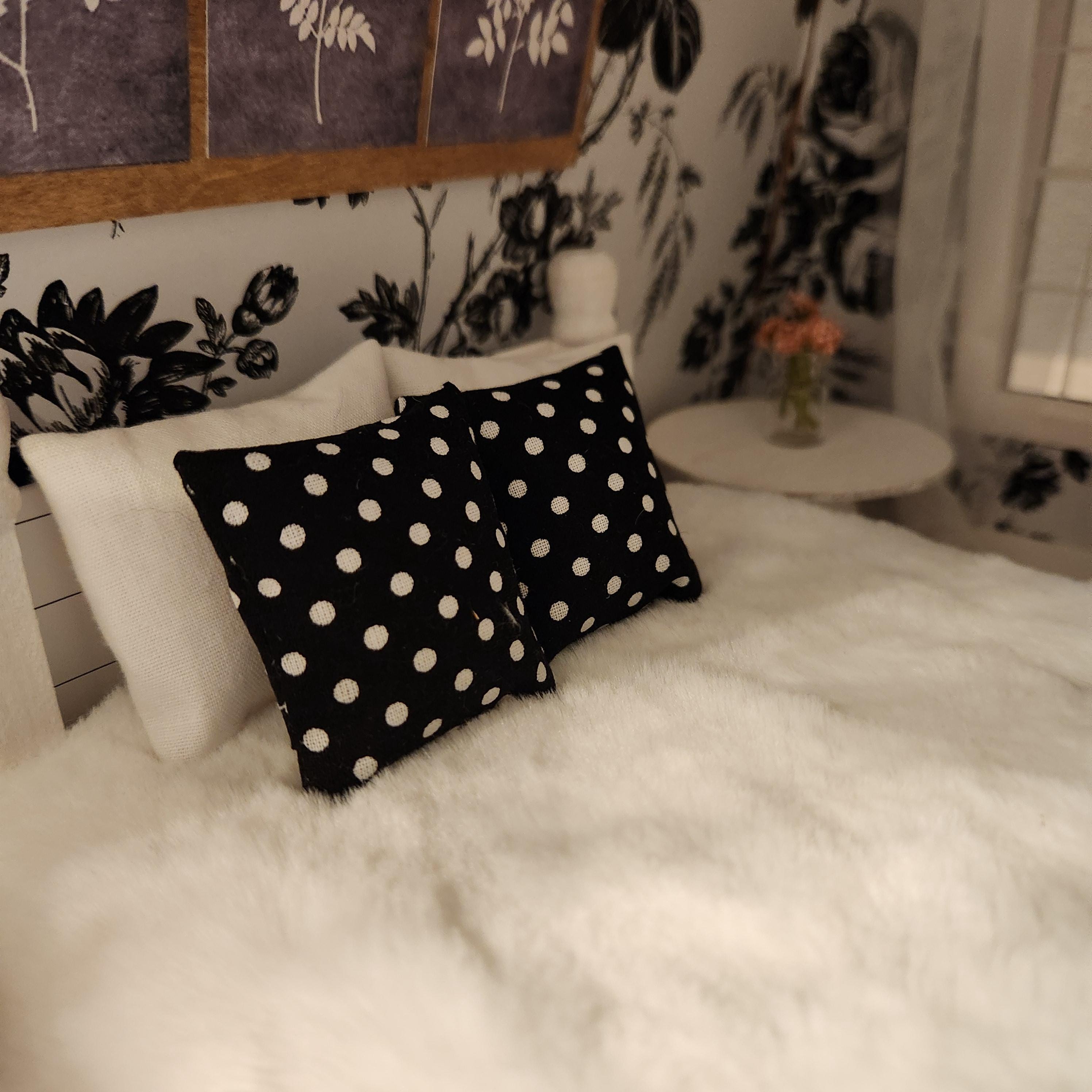 Dollhouse Miniature Pillow, Black and White Polka Dot, Modern Decor, 1:12 Scale
