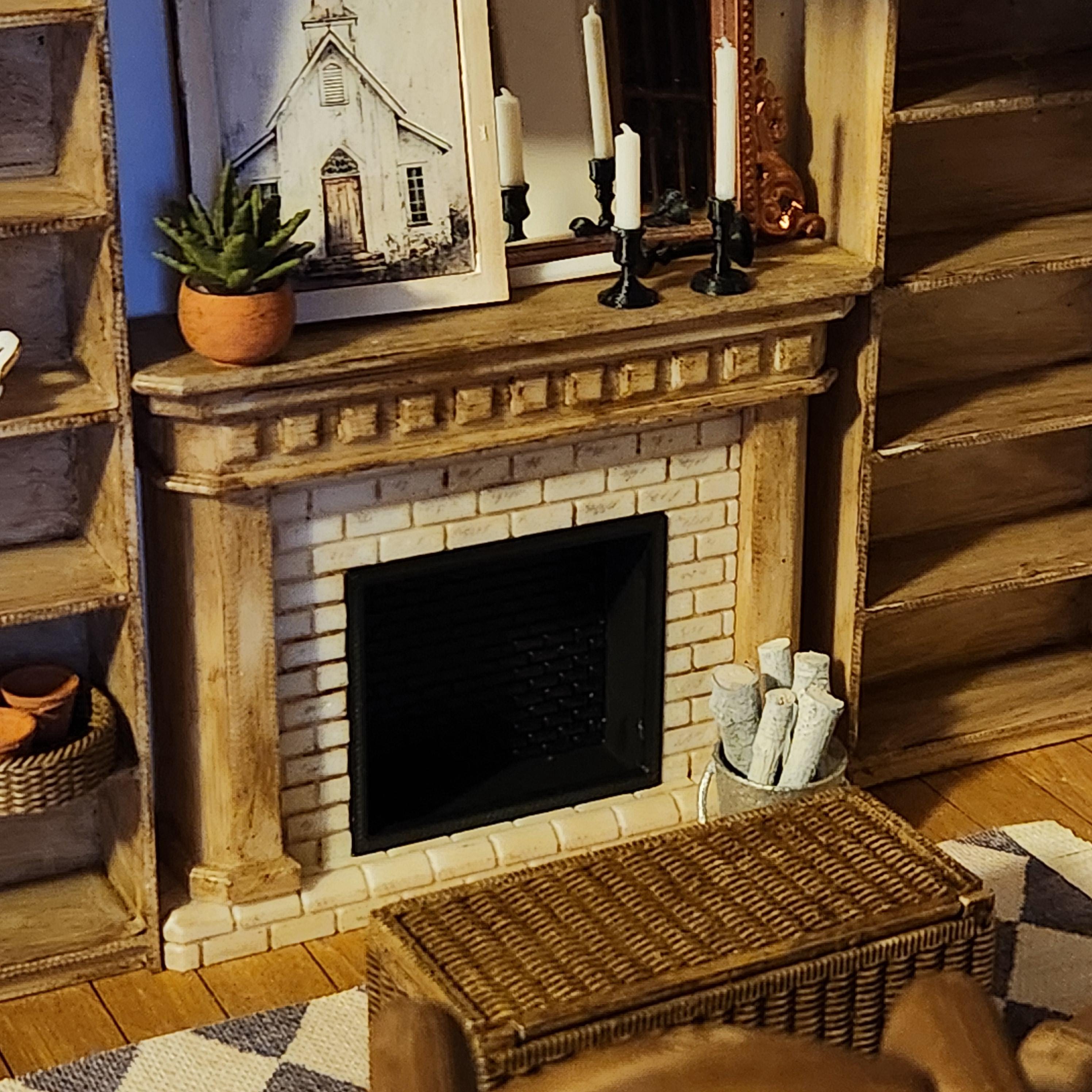 Miniature Modern Fireplace | 1:12 Scale Dollhouse Mantel Kit