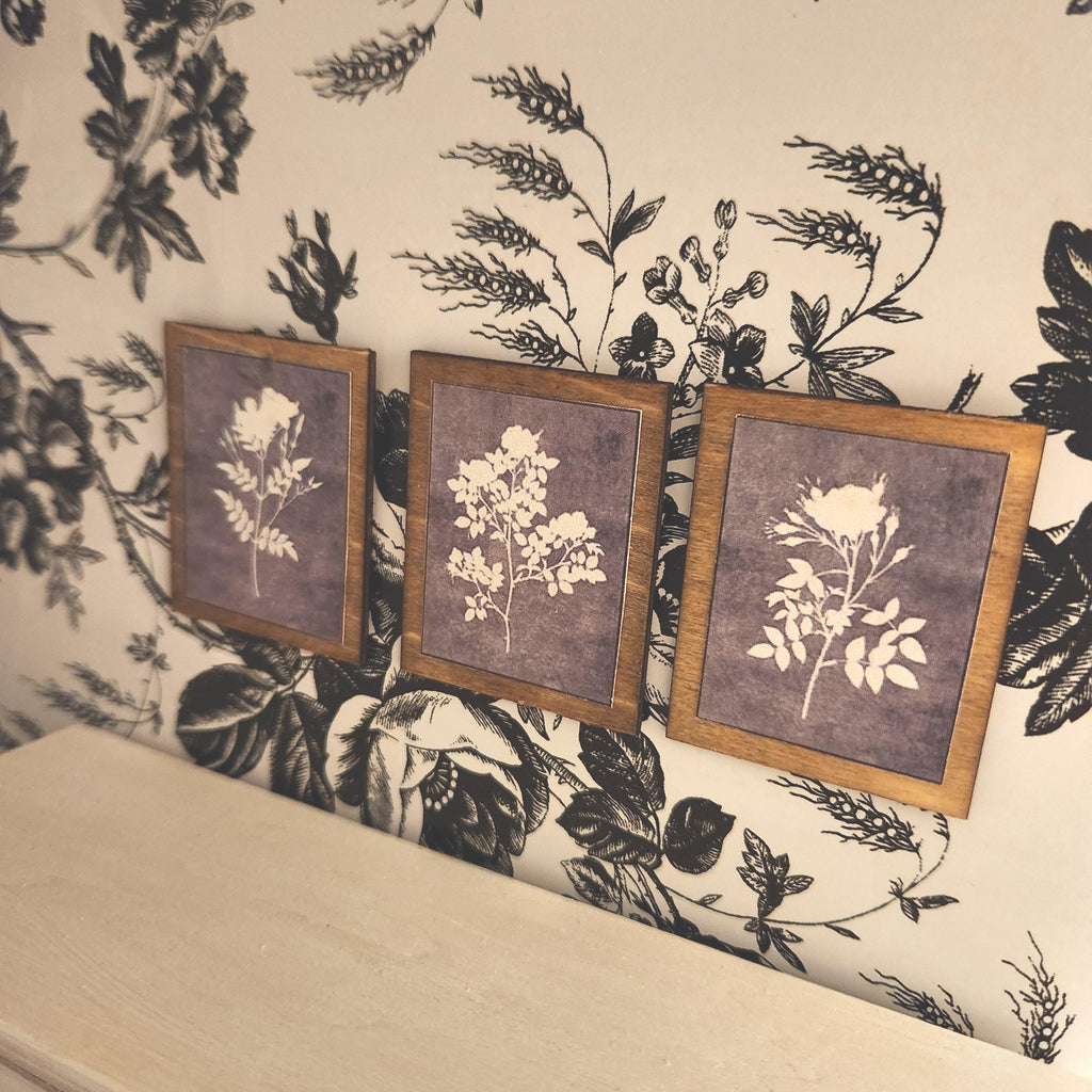 1:12 Scale Miniature Floral Wood Sign Set – Trio of Botanical Wall Art