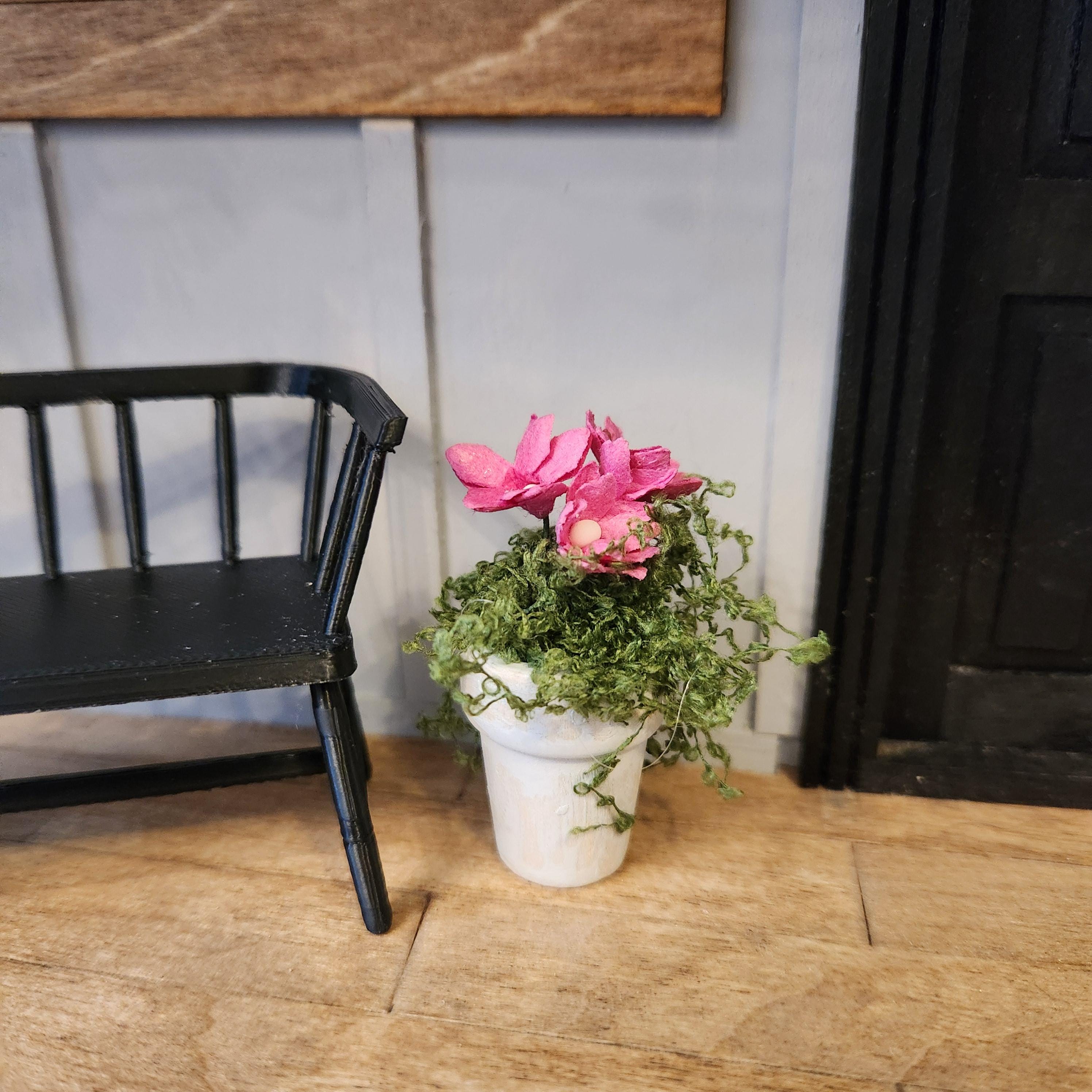 Dollhouse Miniature Potted Flowers | White Wooden Pot, Spring Accent