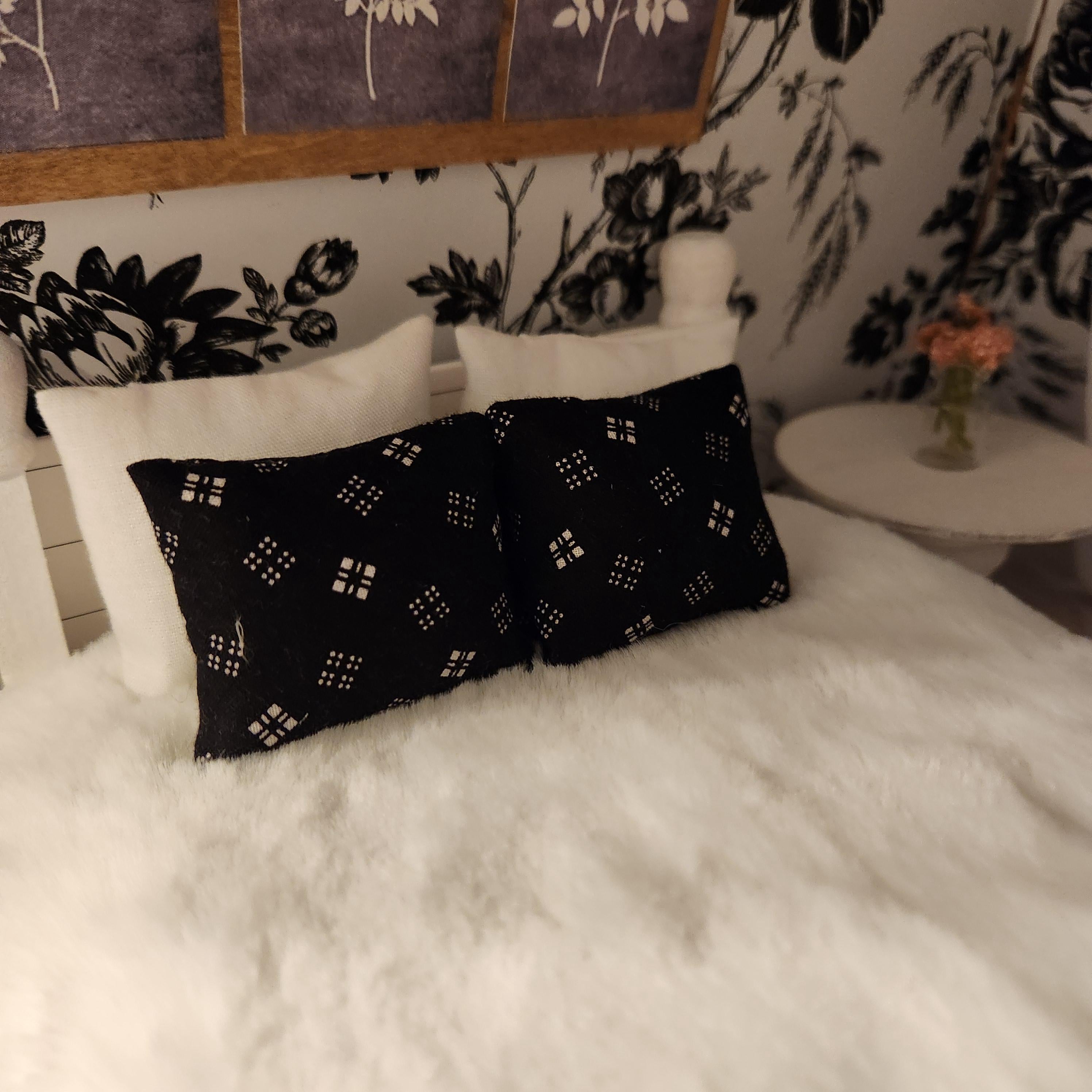 Dollhouse Miniatures Accent Pillow, BLACK WHITE, dollhouse decorations, miniature pillows, 1:12 scale