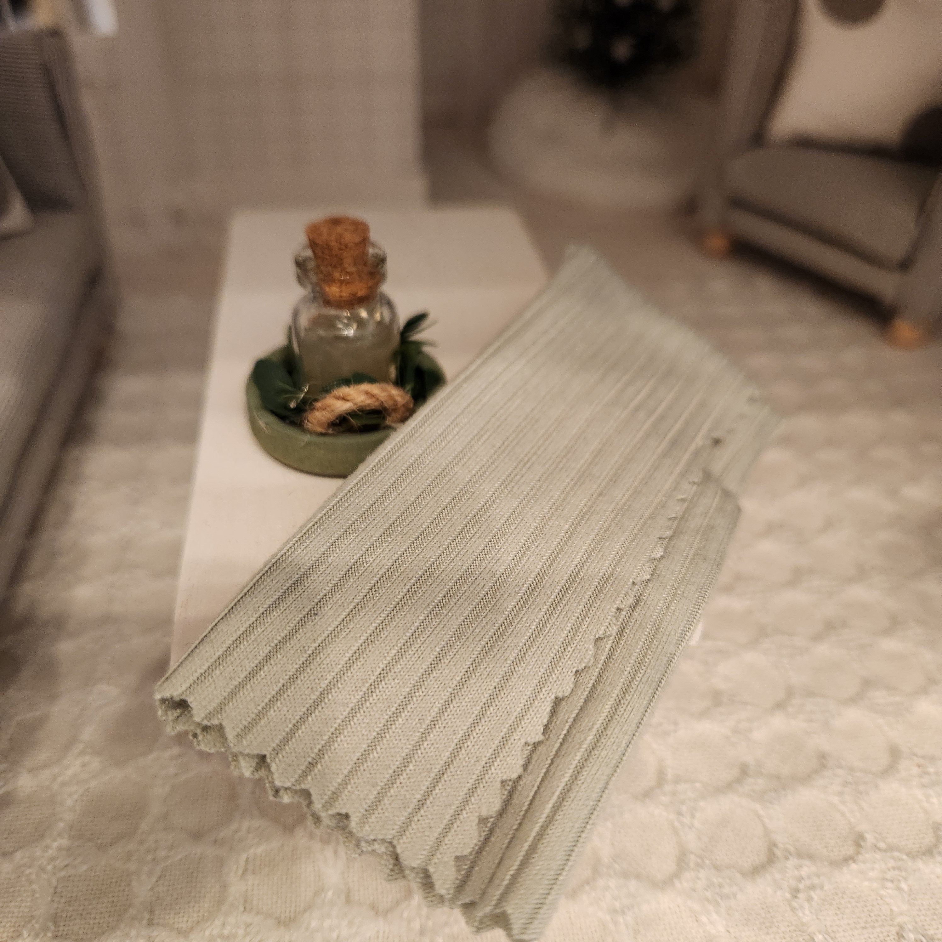 1:12 Scale Miniature Sage Green Throw – Ribbed Farmhouse Afghan