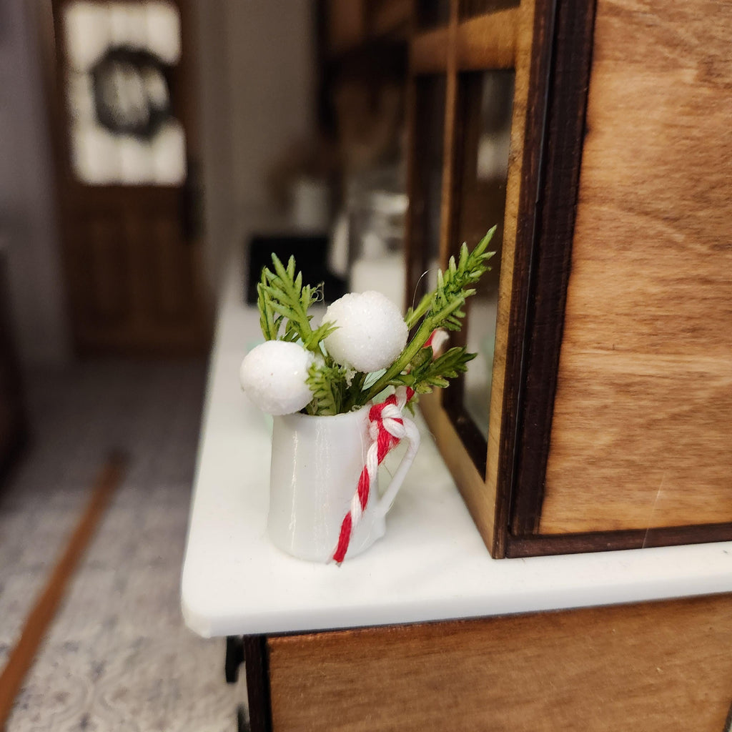 1:12 Scale Miniature White "Ironstone" Holiday Pitcher – Festive Greenery