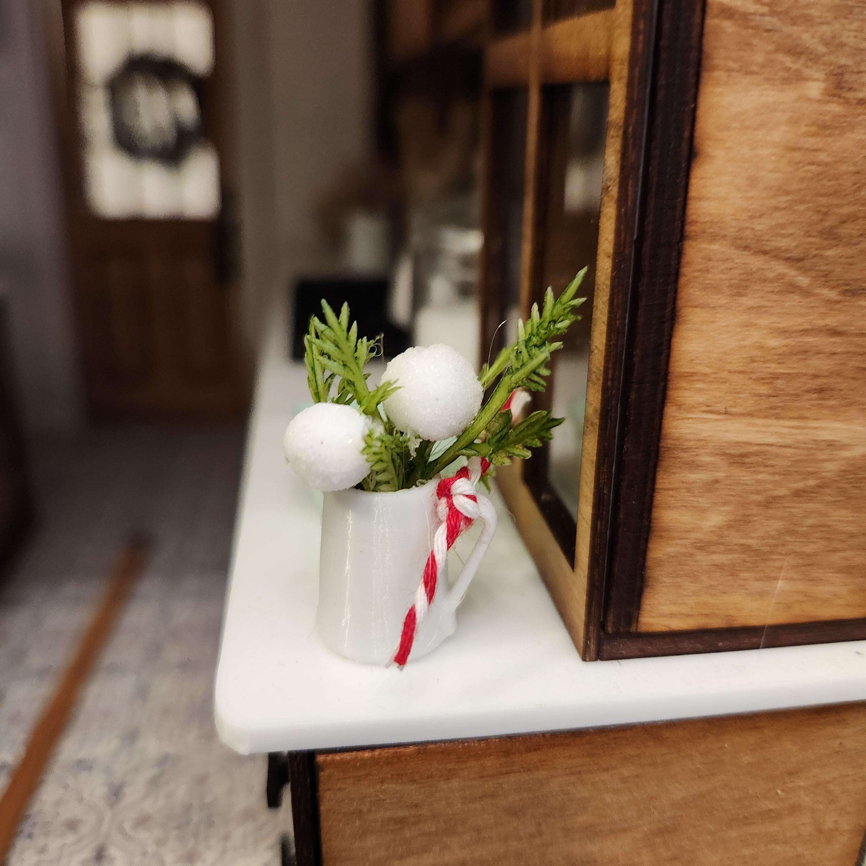 1:12 Scale Miniature White "Ironstone" Holiday Pitcher – Festive Greenery