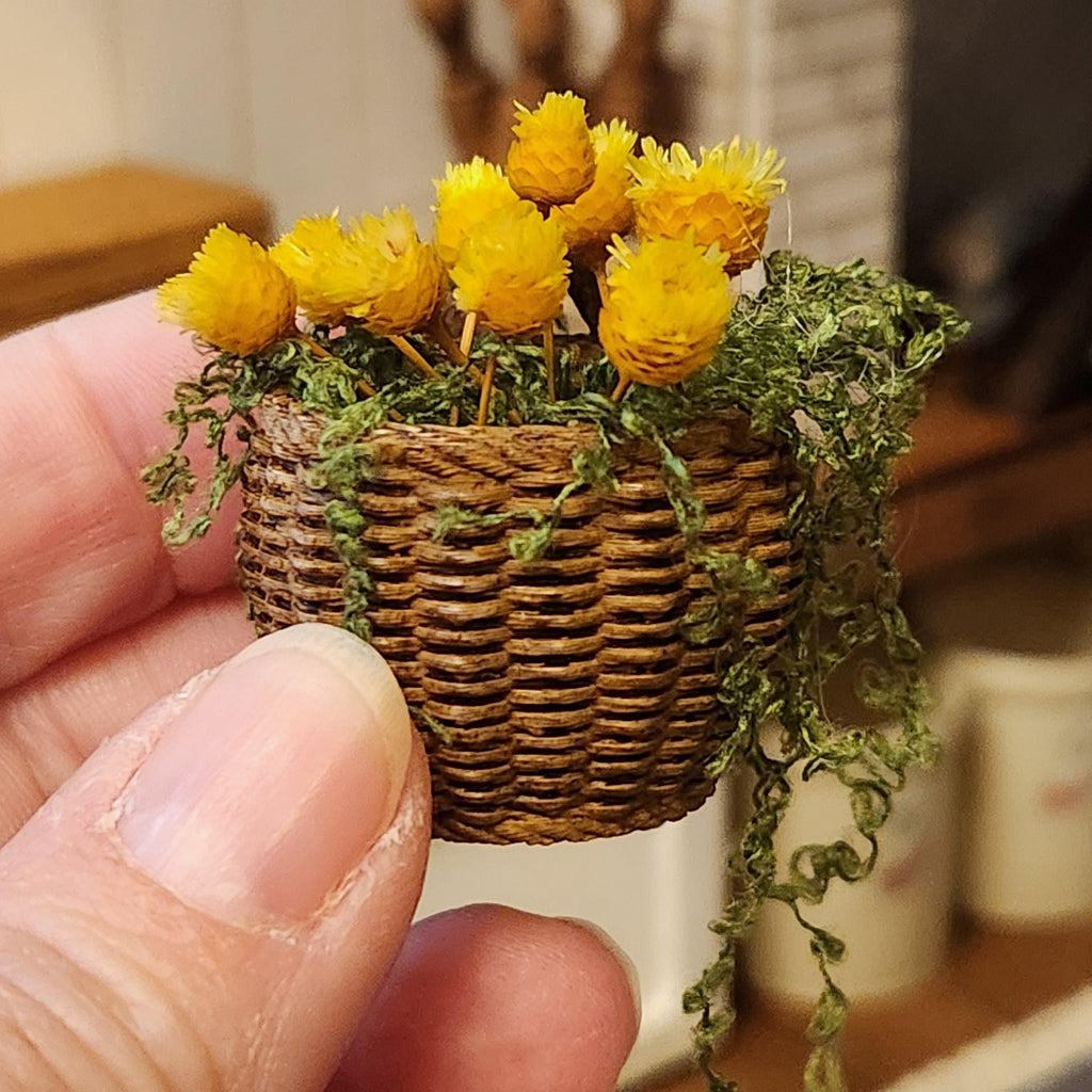 1:12 Scale Miniature Hanging Flower Basket – Yellow Spring Blooms & Trailing Vines