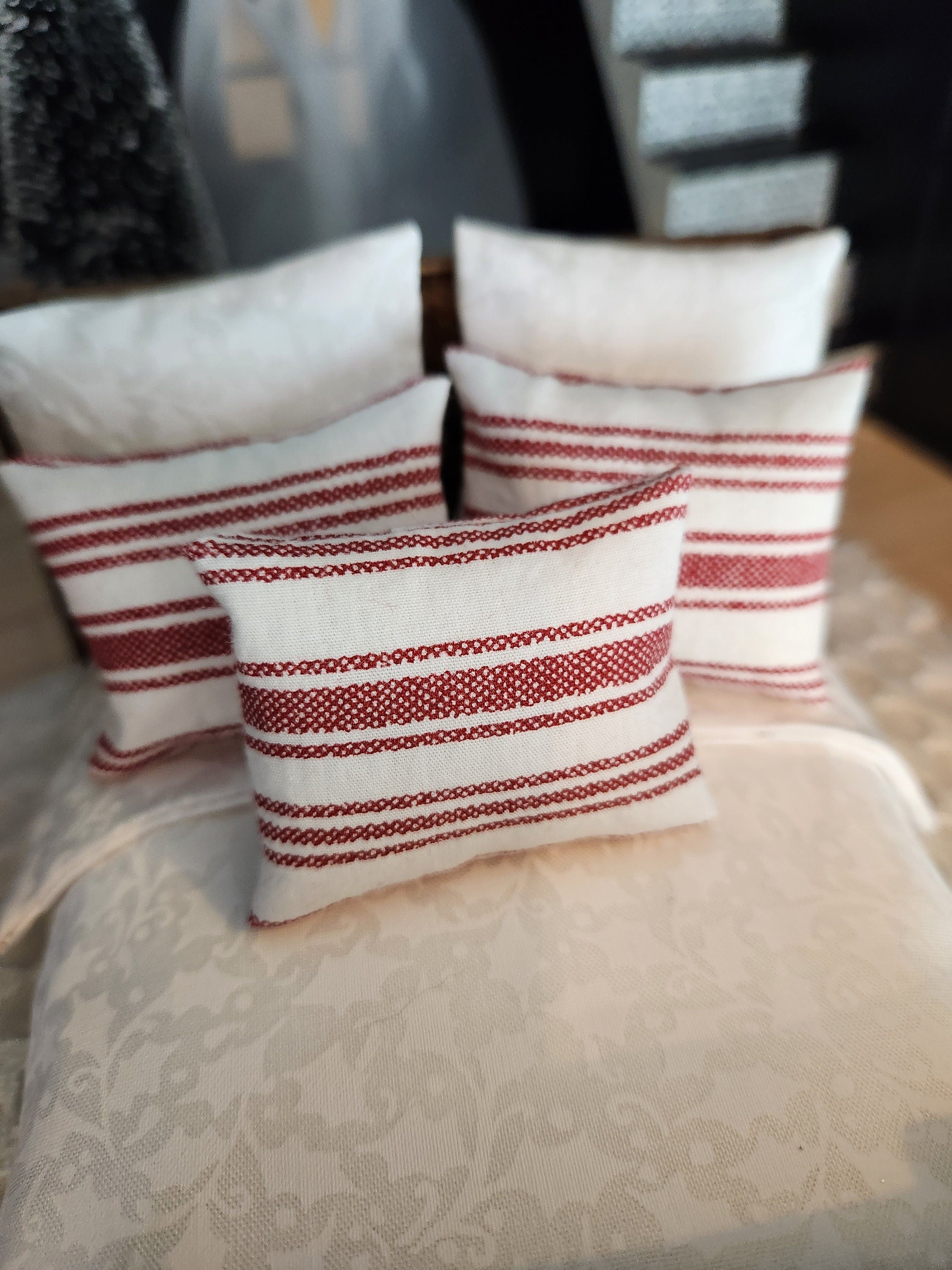 Dollhouse Miniature Accent Pillow, Red Stripe Ticking, 1:12 Scale