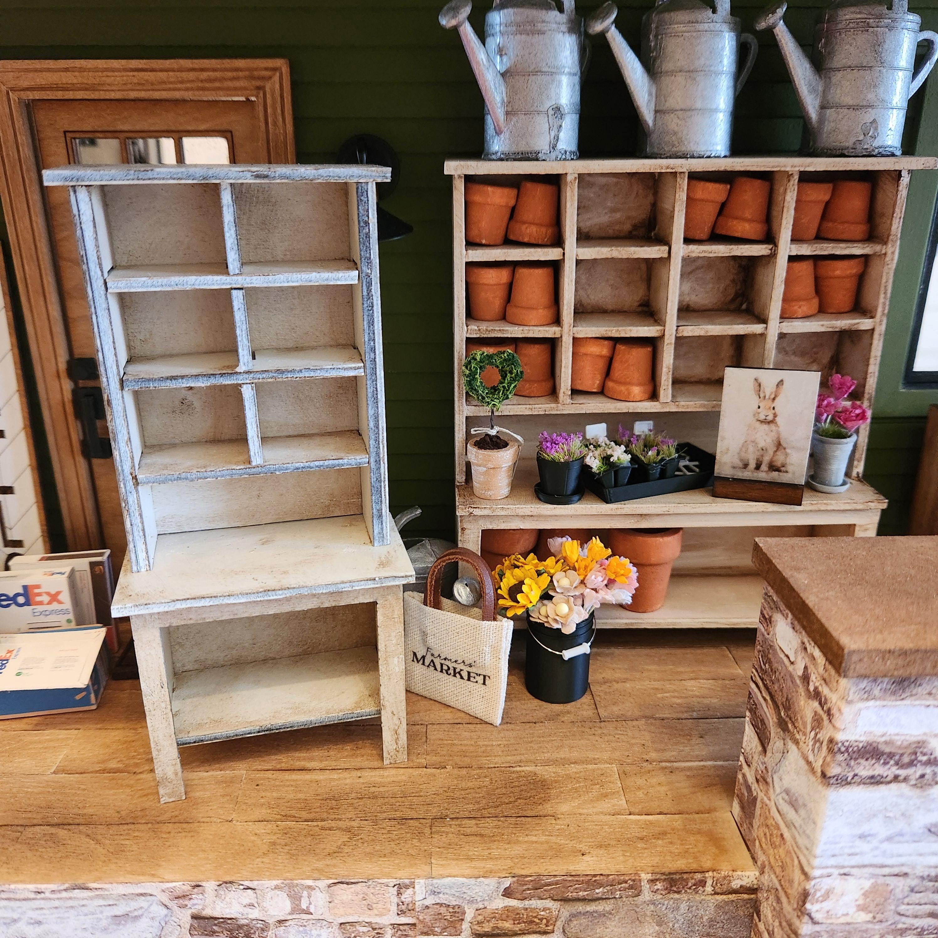1:12 Scale Miniature Potting Bench – Rustic White Antiqued or DIY Unfinished
