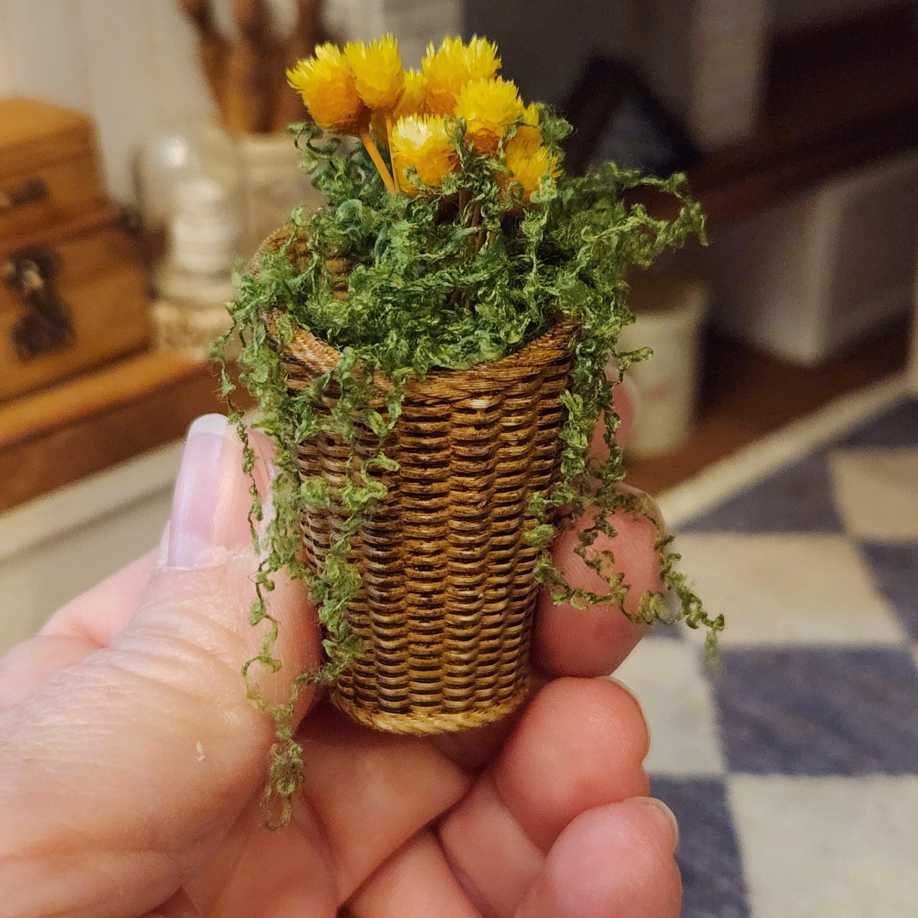 1:12 Scale Miniature Tall Hanging Basket – Yellow Spring Flowers & Trailing Greenery