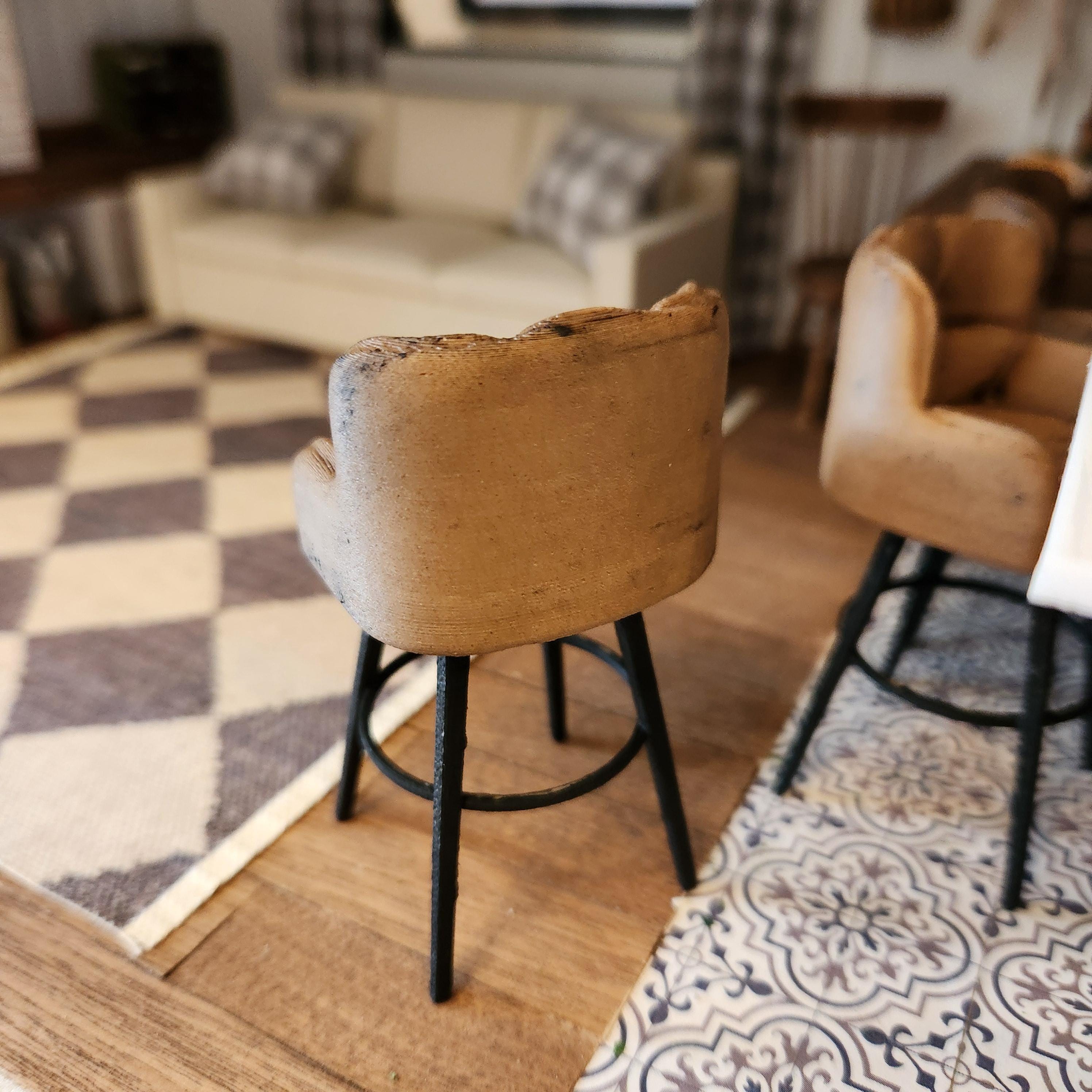 1:12 Scale Dollhouse Bar Stool | 3D Printed, Antiqued Leather-Look