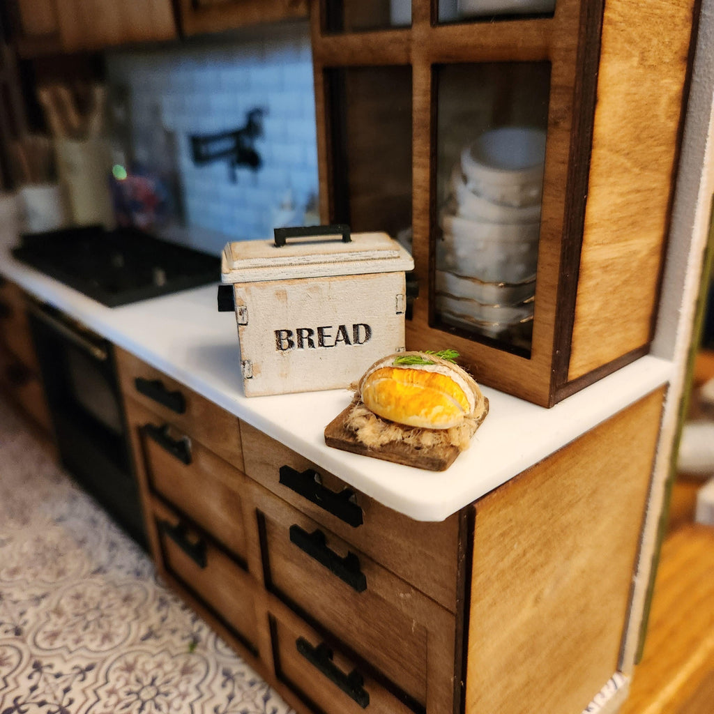 1:12 Scale Miniature Bread Box – Rustic White Distressed Wood
