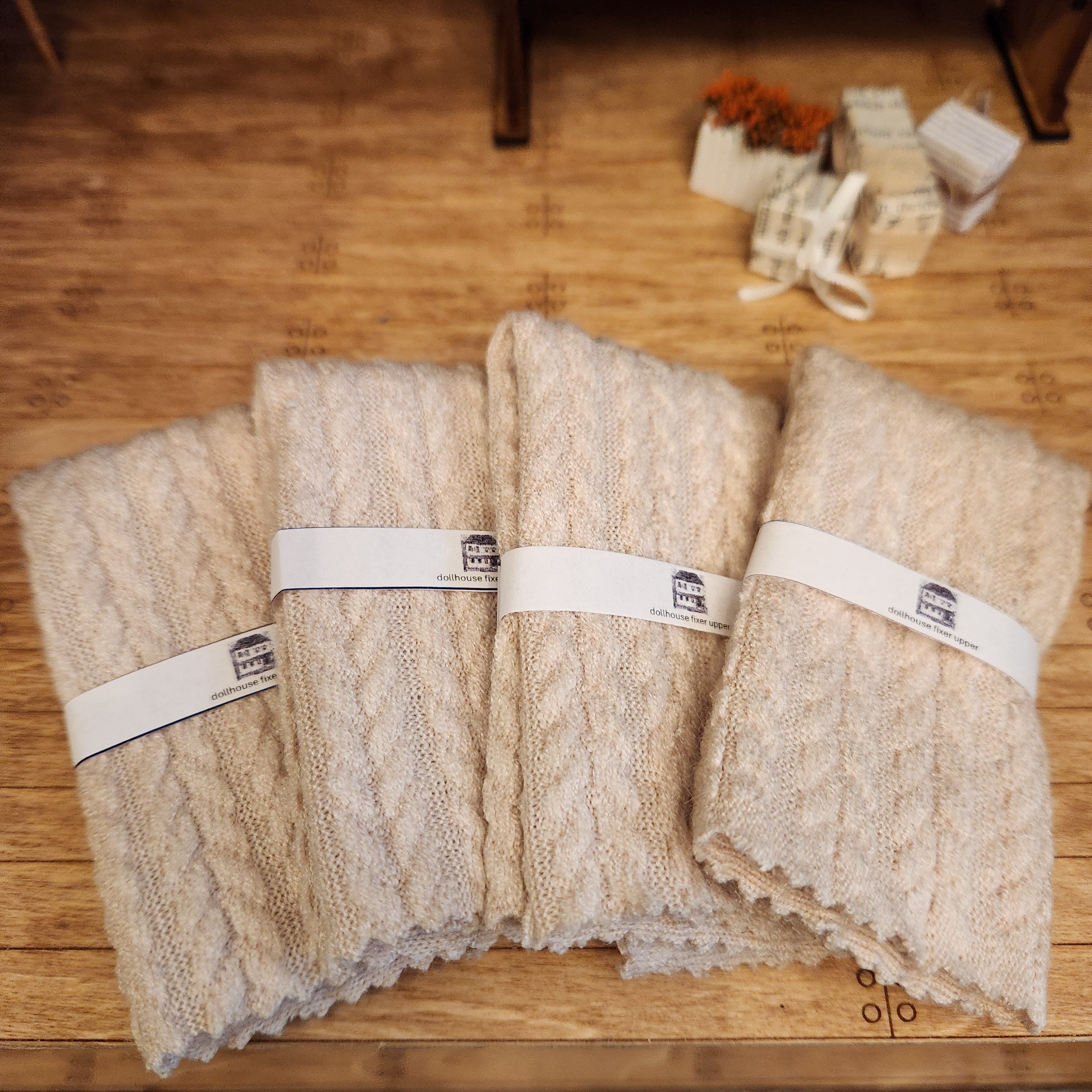 1:12 Scale Miniature Textured Throw Blanket – Warm Tan Farmhouse Afghan