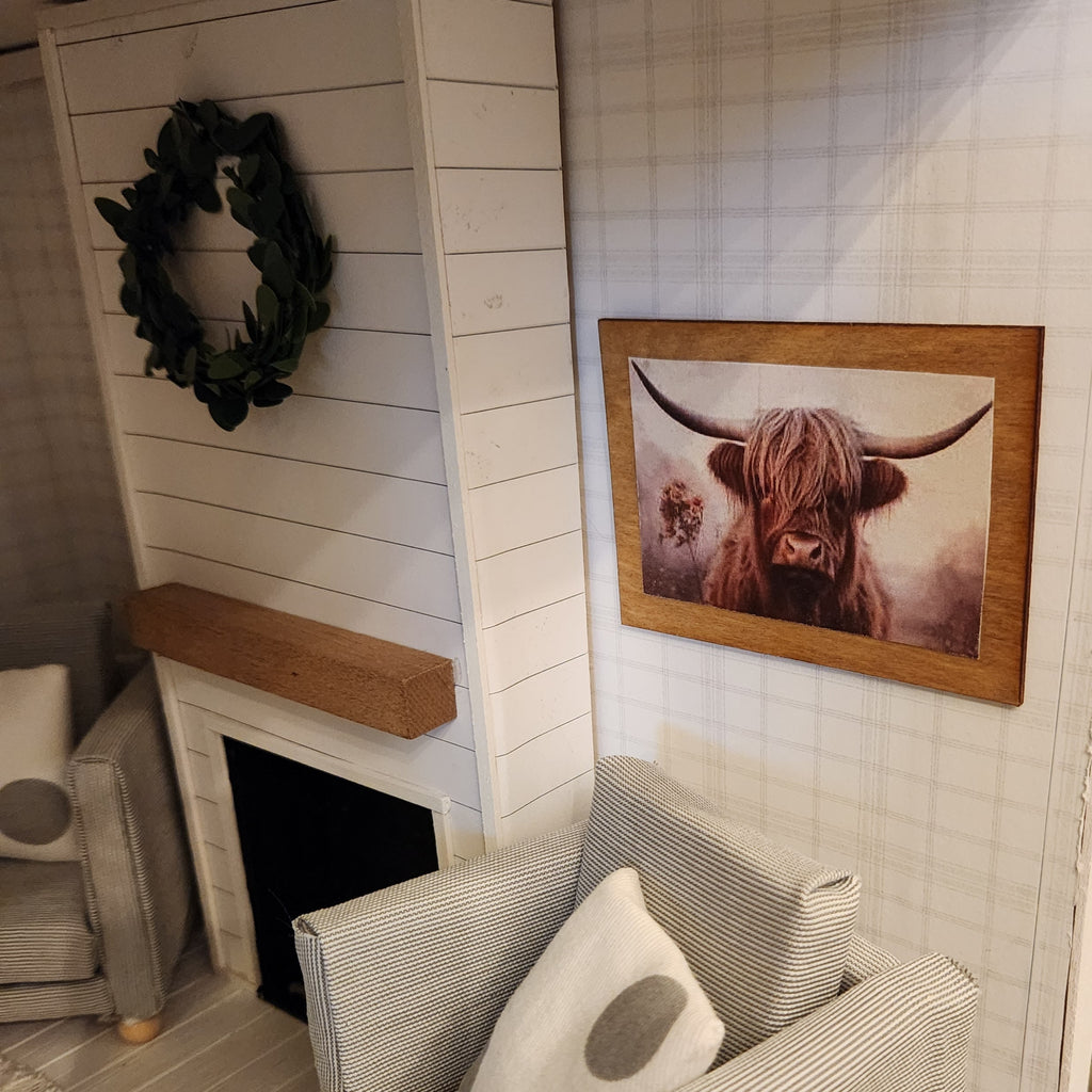 Miniature Highland Cow Wood Sign – 1:12 Scale Dollhouse Art