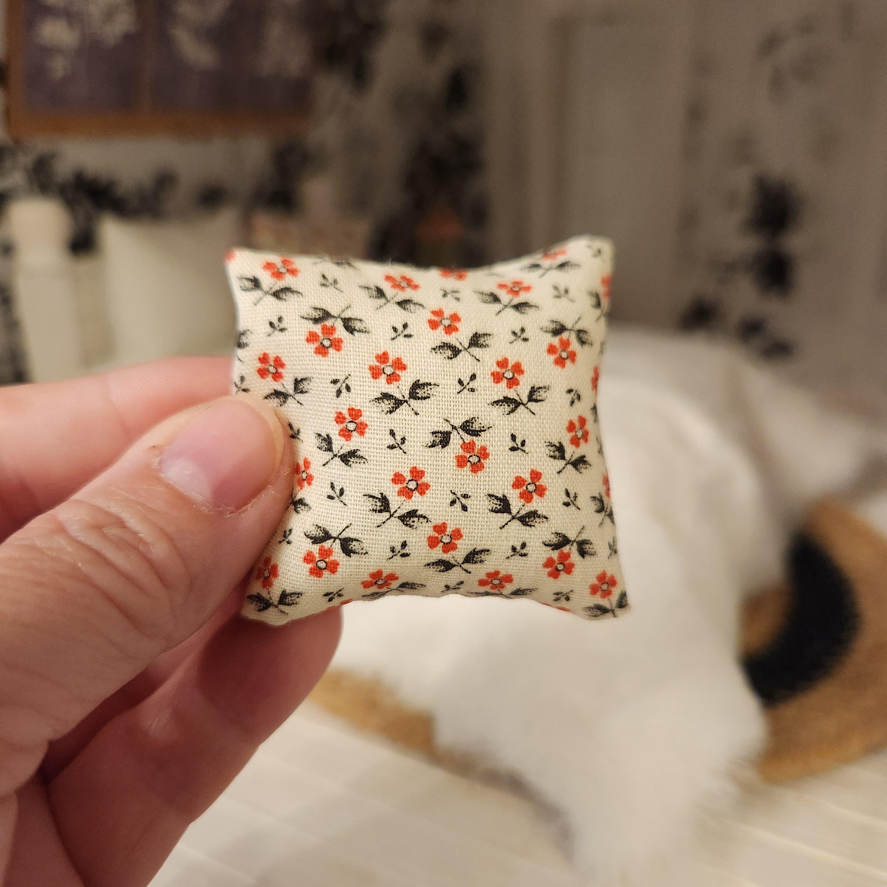 Dollhouse Miniatures Accent Pillow, RED BLACK FLORAL, dollhouse decorations, miniature pillows, 1:12 scale