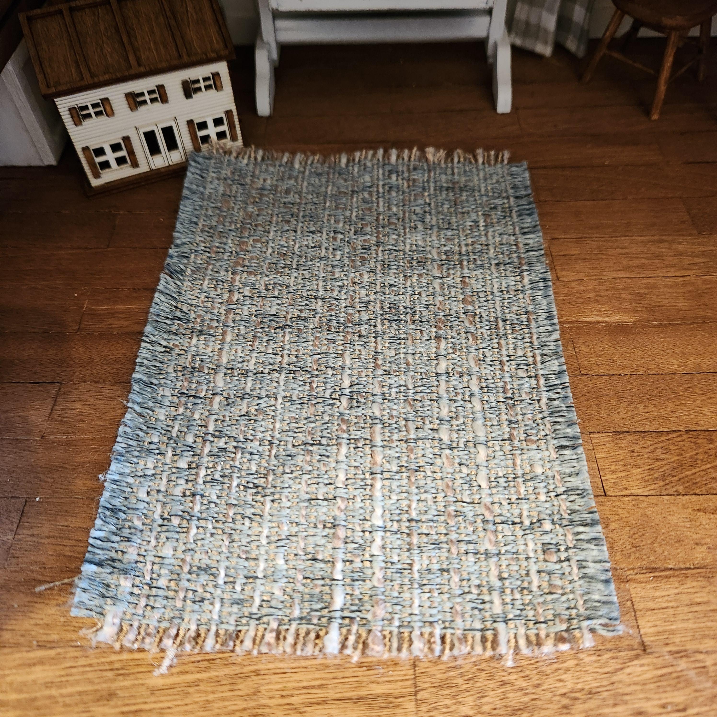 1:12 Scale Miniature Blue Speckled Rug – Farmhouse Area Rug with Fringe