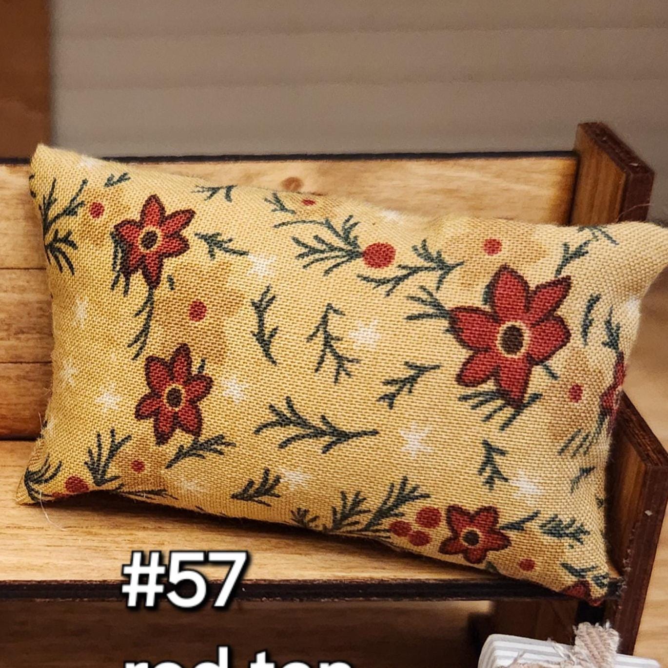Dollhouse Miniatures Accent Pillow, RED TAN FLORAL, dollhouse decorations, miniature pillows, 1:12 scale