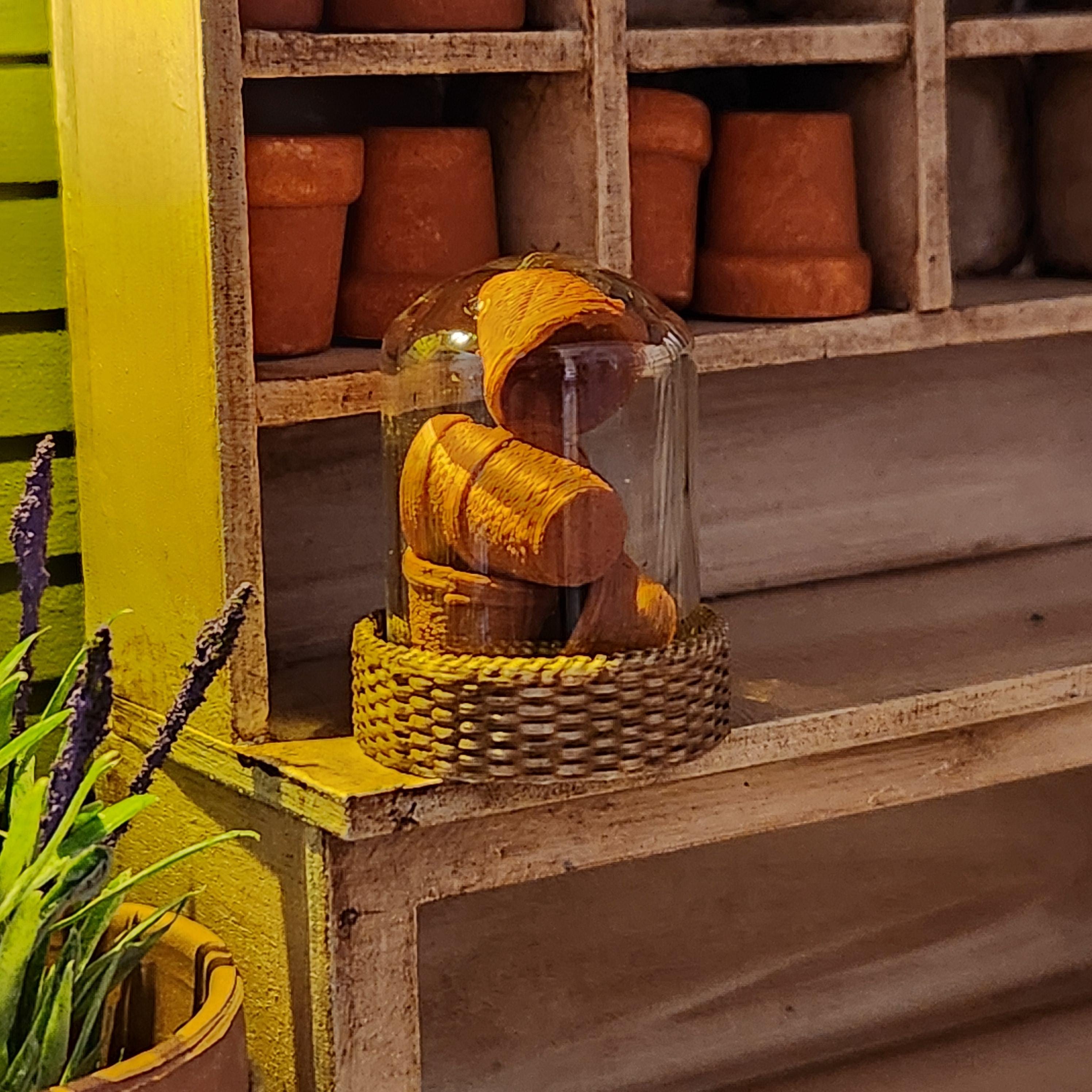 1:12 Scale Miniature Wicker Basket with Cloche & Terracotta Pots