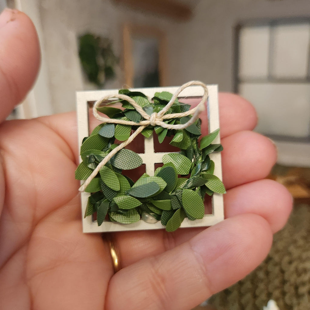 1:12 Scale Miniature Window Pane Wall Decor with Wreath