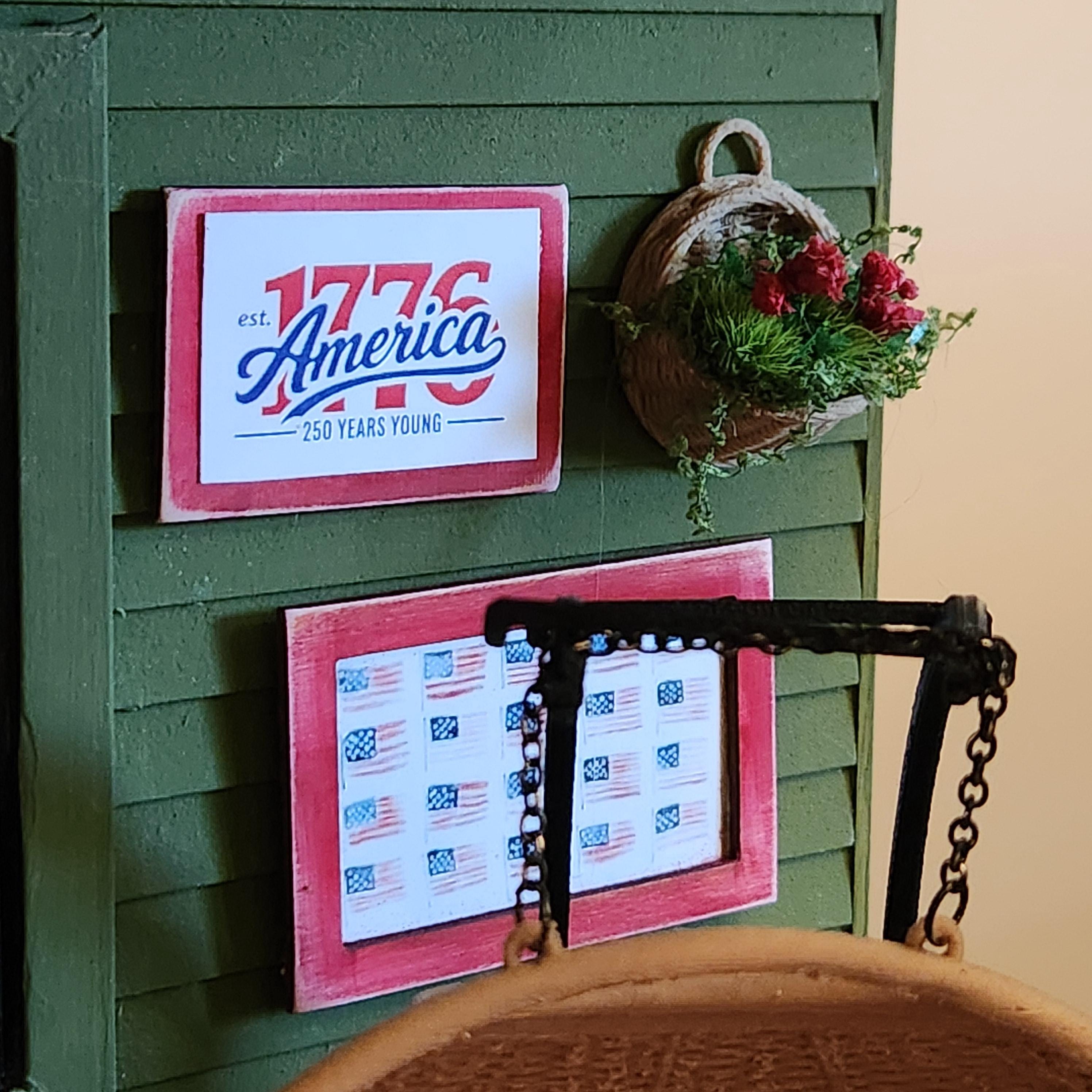 1:12 Scale 1776 America 250 Wood Sign | Miniature American Flag Wall Art | Patriotic Fourth of July Tiny Home Accessory
