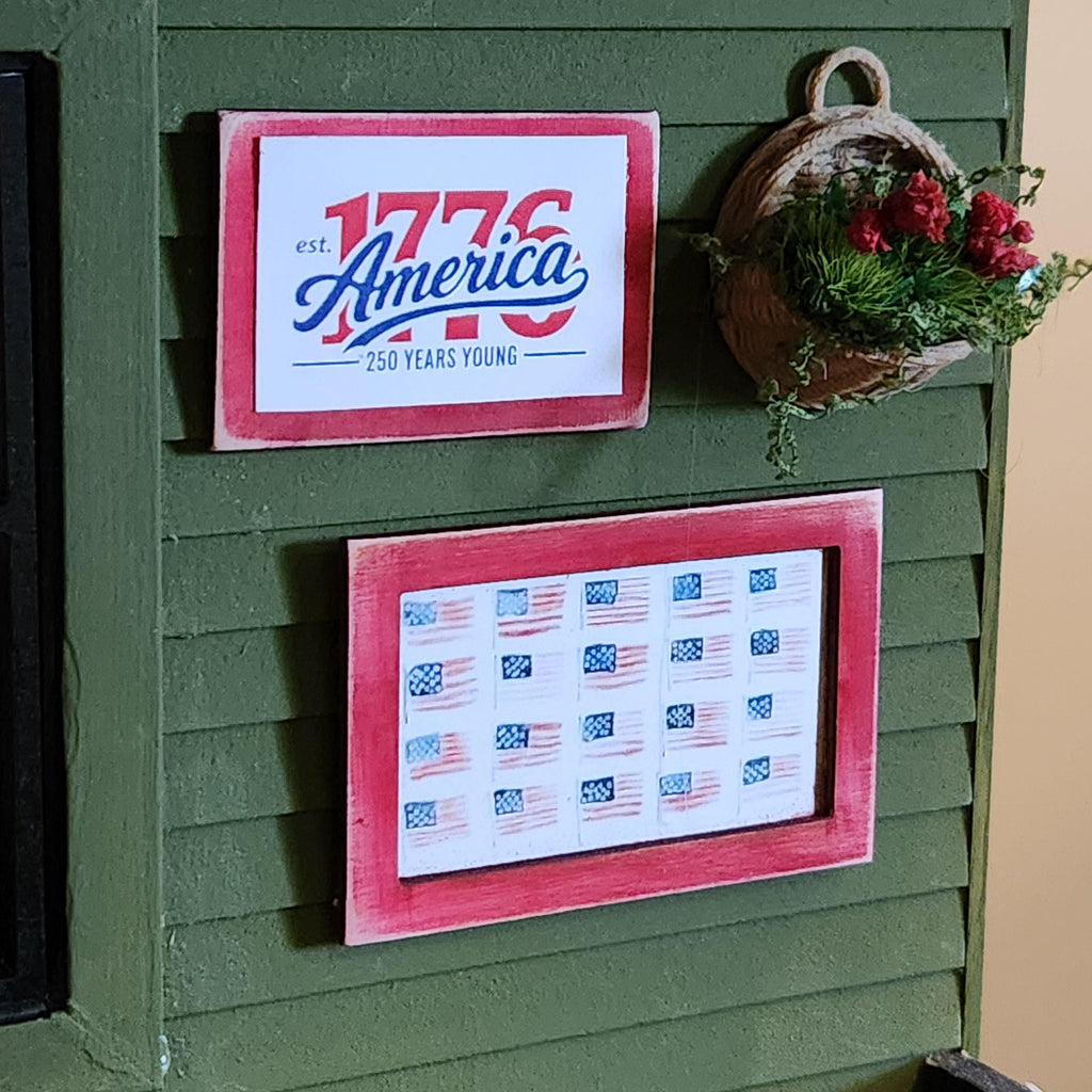 1:12 Scale Multi Flag Wood Sign | Miniature American Flag Wall Art | Patriotic Fourth of July Tiny Home Accessory