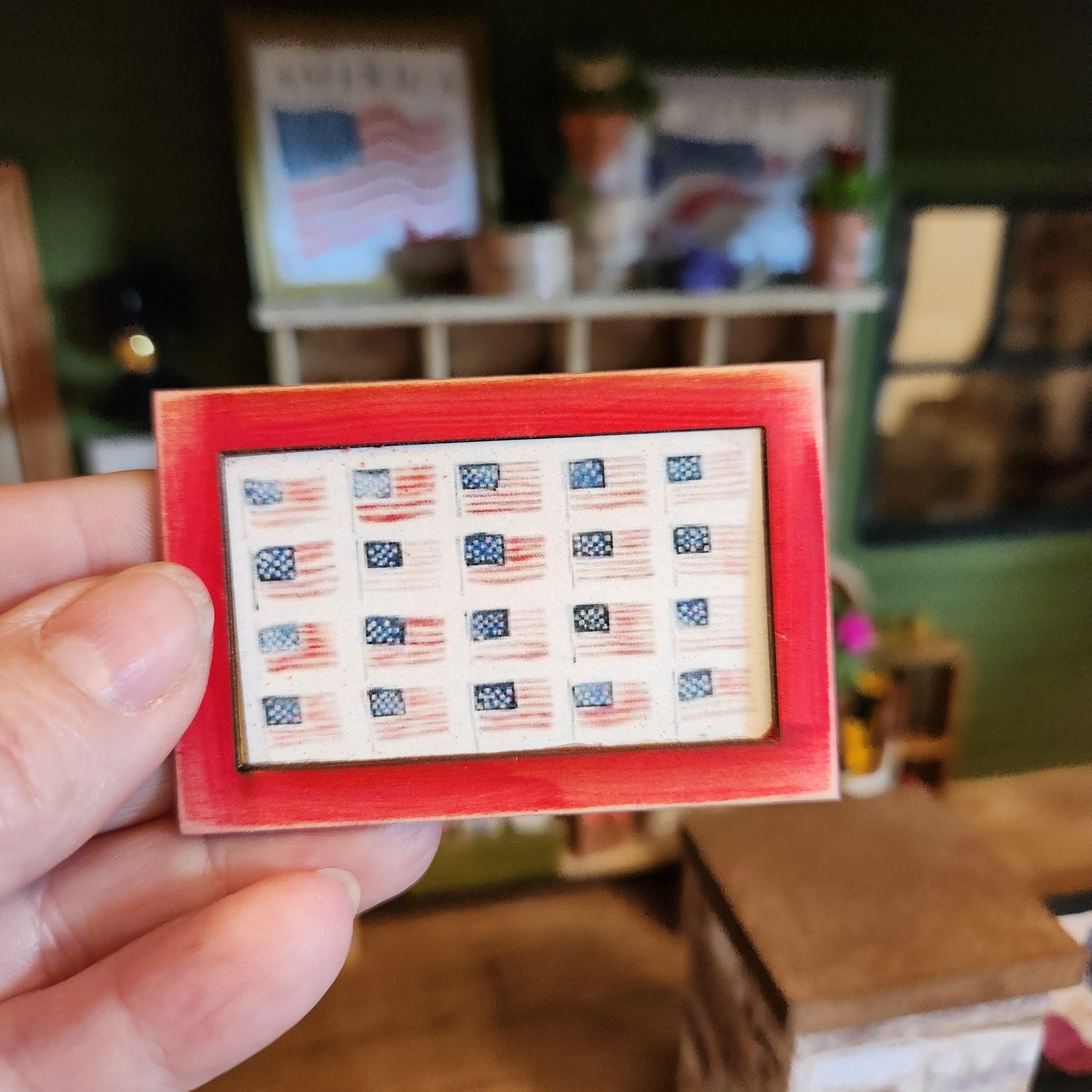 1:12 Scale Multi Flag Wood Sign | Miniature American Flag Wall Art | Patriotic Fourth of July Tiny Home Accessory