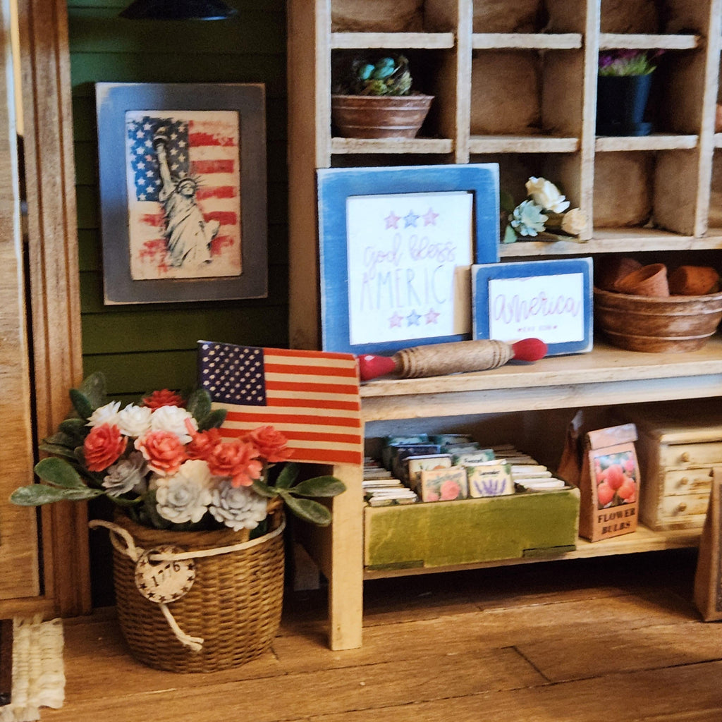 1:12 Scale America Est 1776 Wood Sign | Miniature American Flag Wall Art | Patriotic Fourth of July Tiny Home Accessory