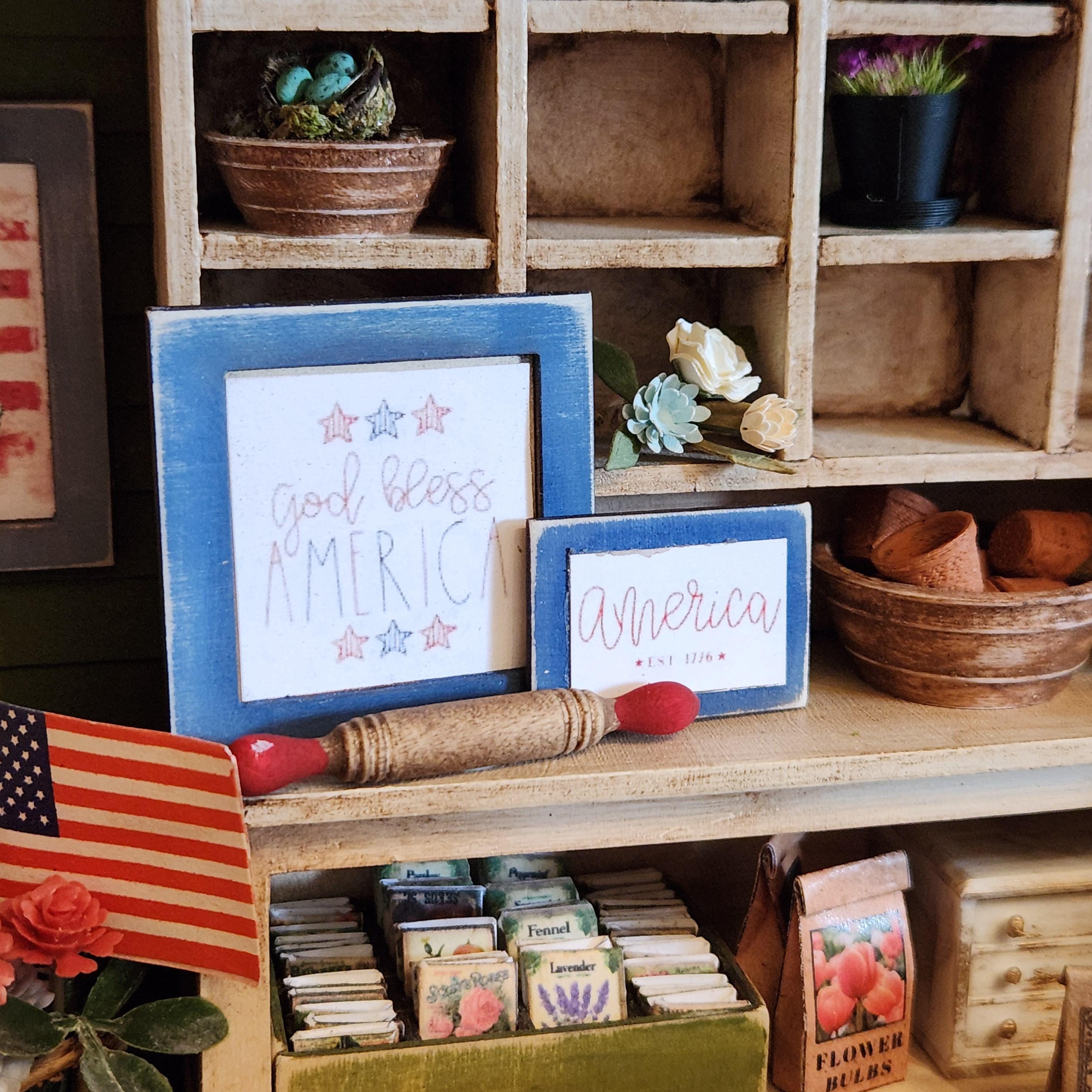 1:12 Scale God Bless America Wood Sign | Miniature American Flag Wall Art | Patriotic Fourth of July Tiny Home Accessory