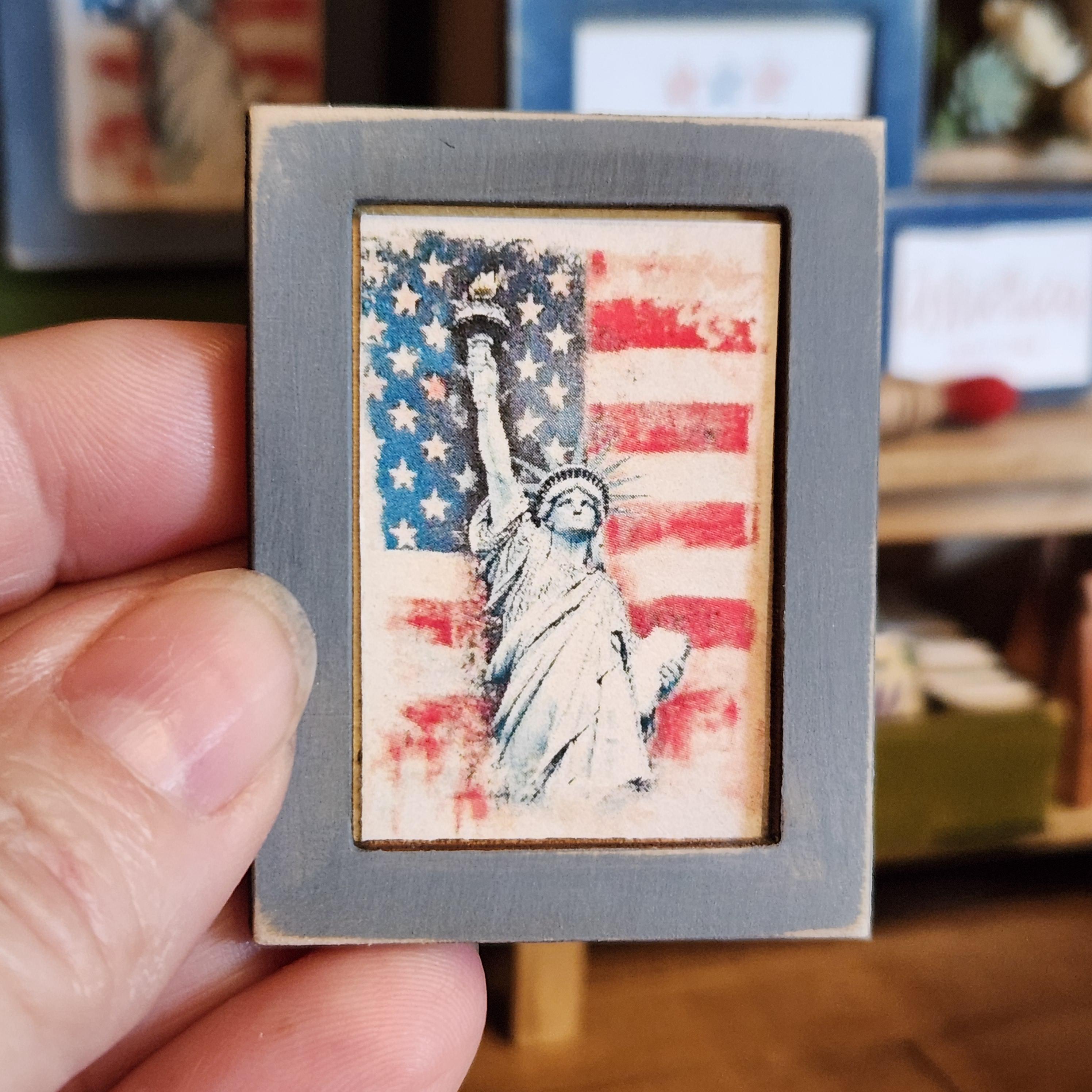 1:12 Scale Statue of Liberty Wood Sign | Miniature American Flag Wall Art | Patriotic Fourth of July Tiny Home Accessory
