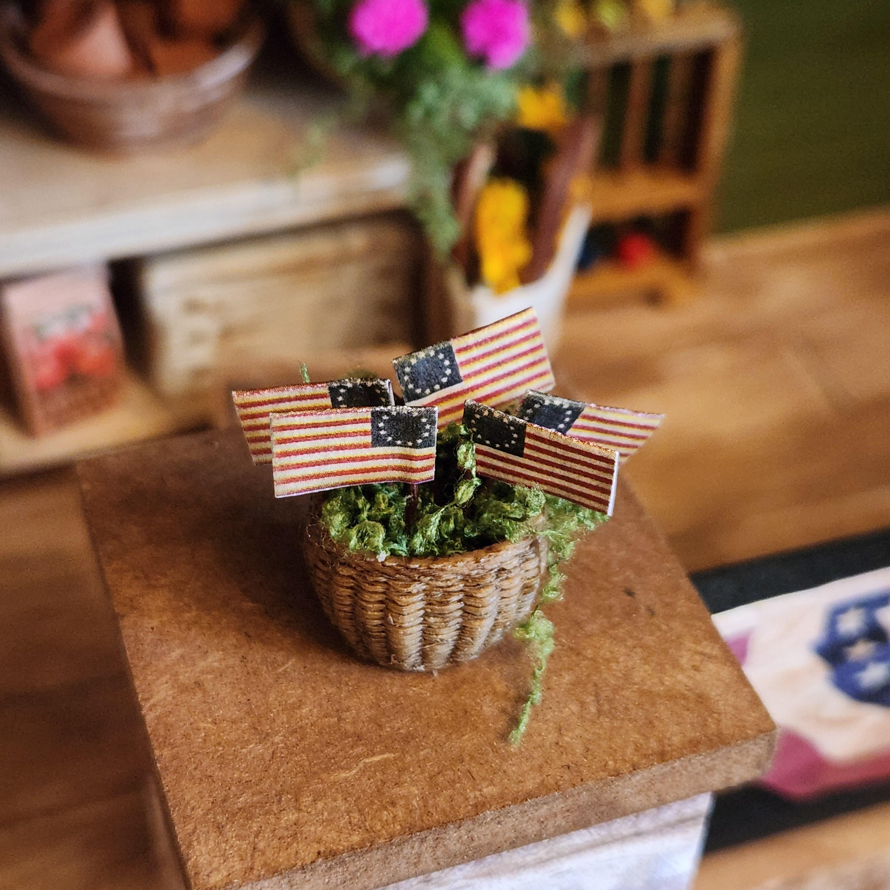 1:12 Scale Patriotic Hanging Flag Basket | Betsy Ross Miniature Decor | America’s 250th Birthday Dollhouse Accessory