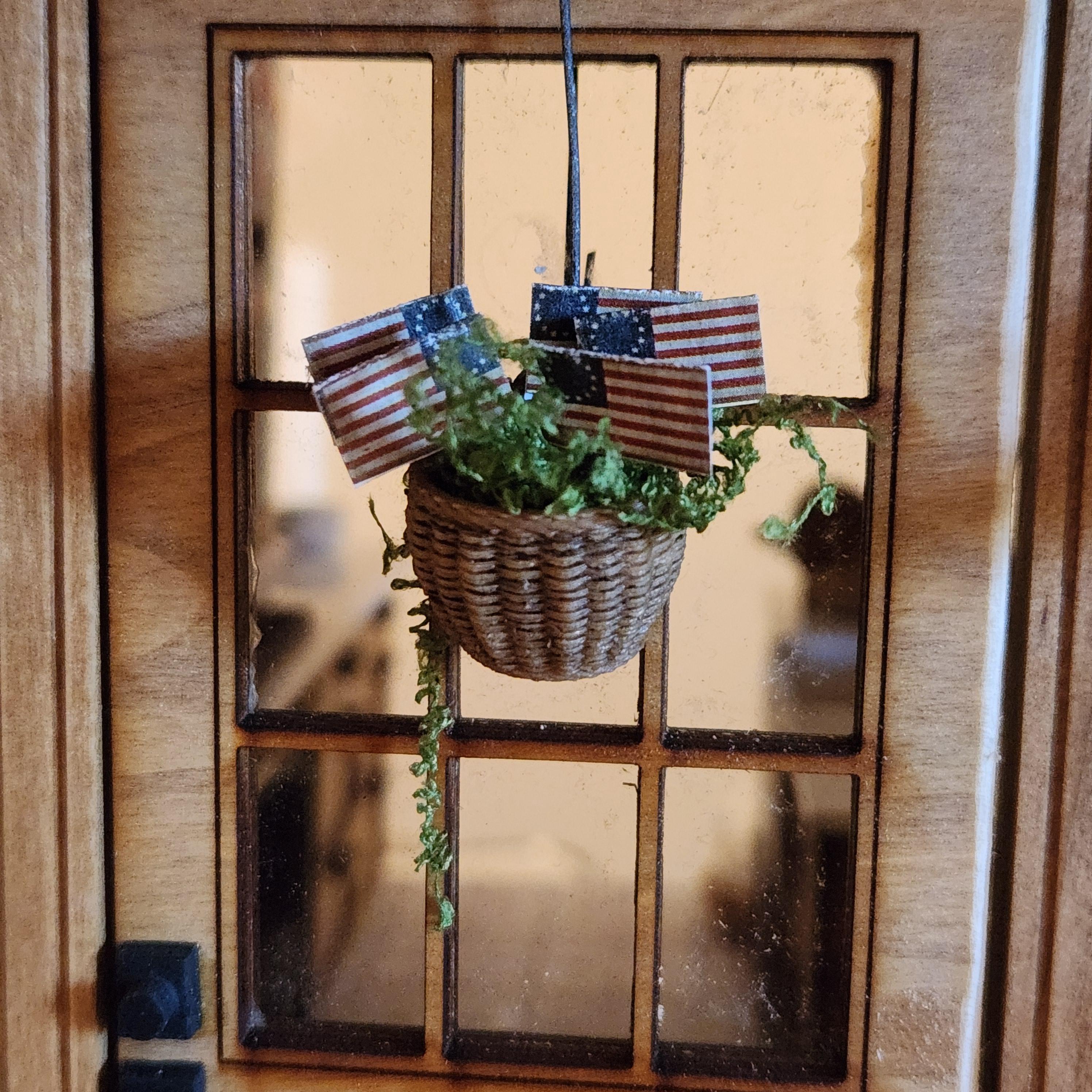 1:12 Scale Patriotic Hanging Flag Basket | Betsy Ross Miniature Decor | America’s 250th Birthday Dollhouse Accessory