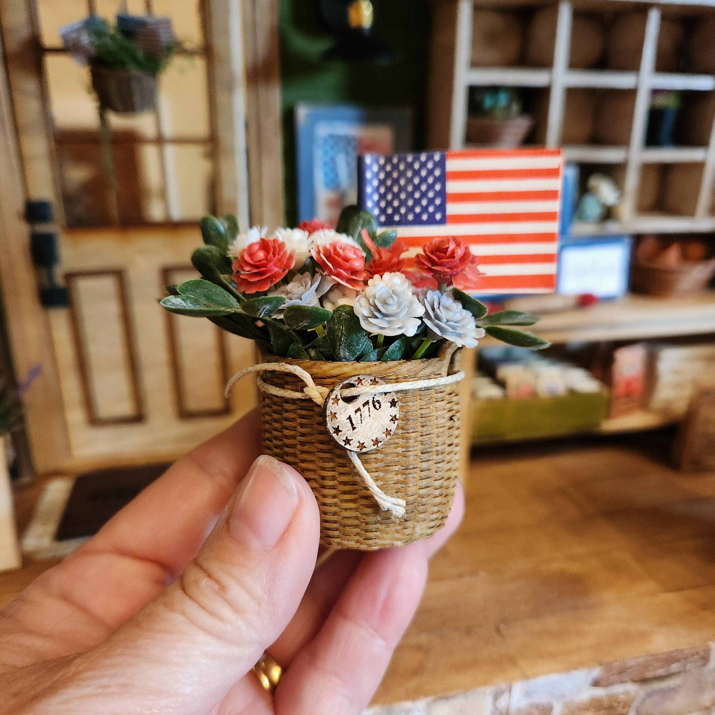 1:12 Scale Patriotic Floral Flag Basket | American Flag Miniature Decor | America’s 250th Birthday Dollhouse Accessory