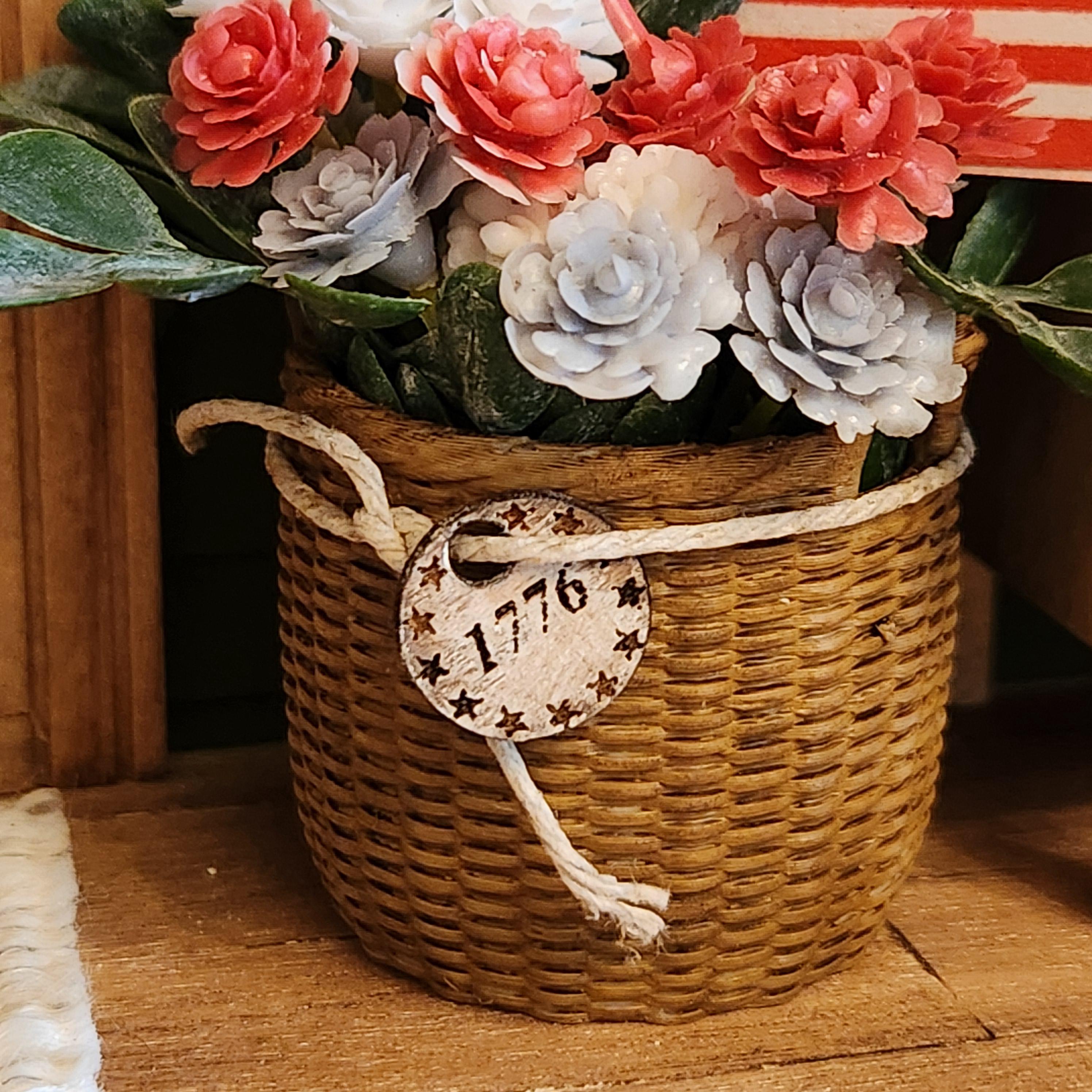 1:12 Scale Patriotic Floral Flag Basket | American Flag Miniature Decor | America’s 250th Birthday Dollhouse Accessory