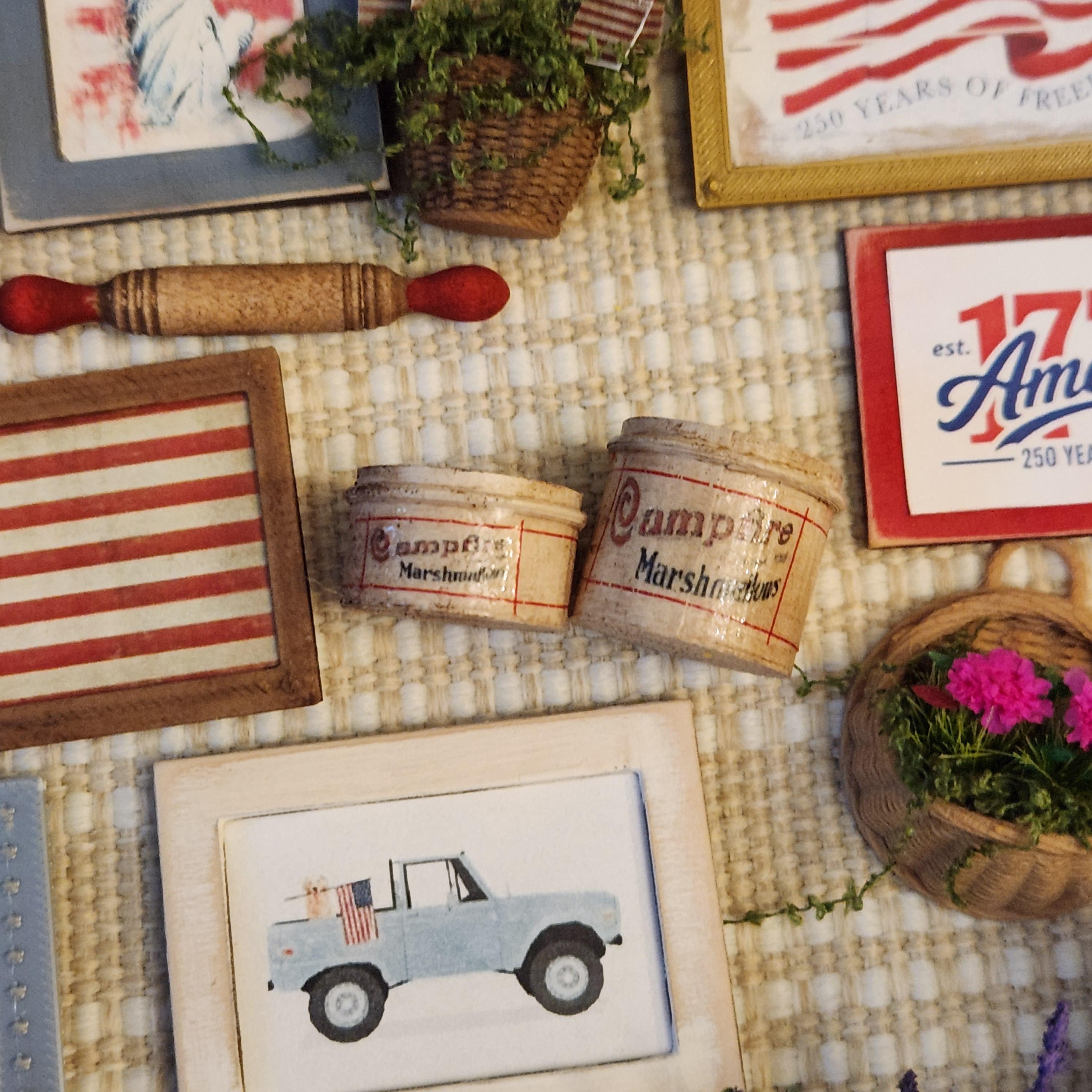 1:12 Scale Campfire Marshmallows Tin | American Flag Miniature Decor | America’s 250th Birthday Dollhouse Accessory