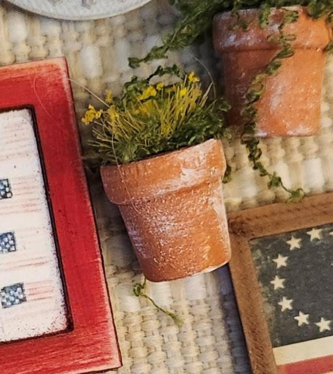 Dollhouse Miniature Potted Flowers | Terracotta Wooden Pot, Spring Accent